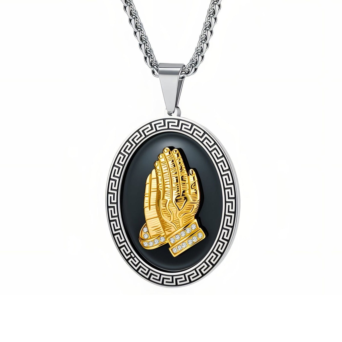 Collier pendentif mains en prière pour homme, en acier inoxydable, médaillon ovale avec motif religieux