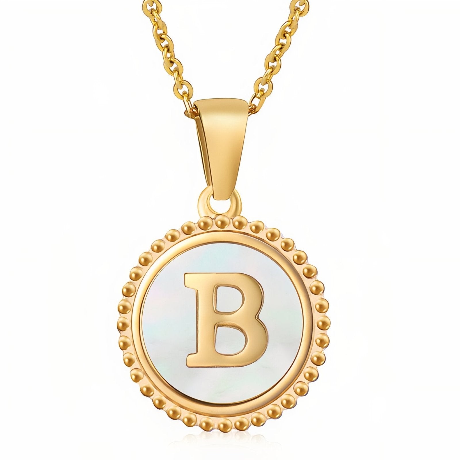 Collier pendentif médaille lettre initiale, en acier inoxydable plaqué or 18K et nacre blanche