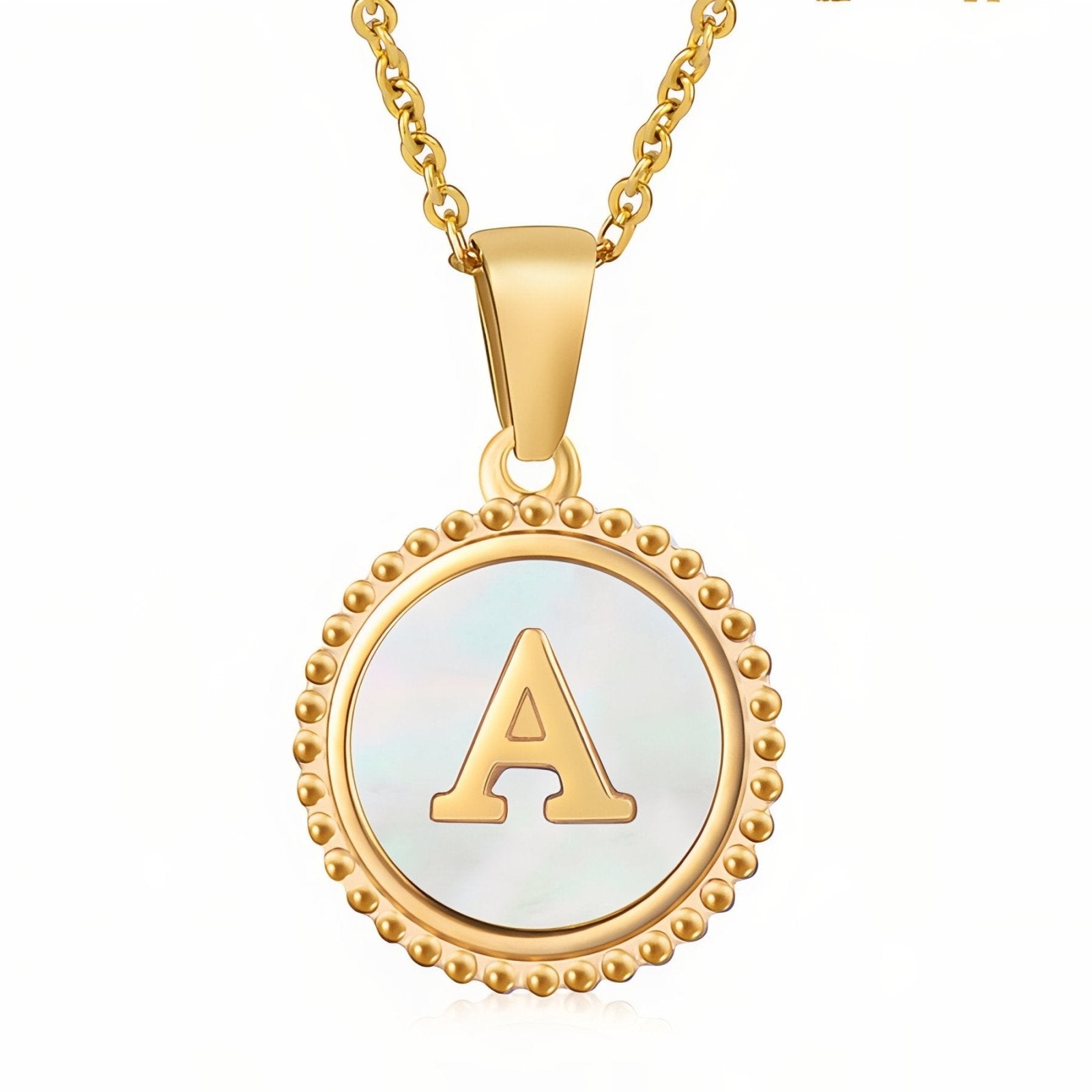Collier pendentif médaille lettre initiale, en acier inoxydable plaqué or 18K et nacre blanche