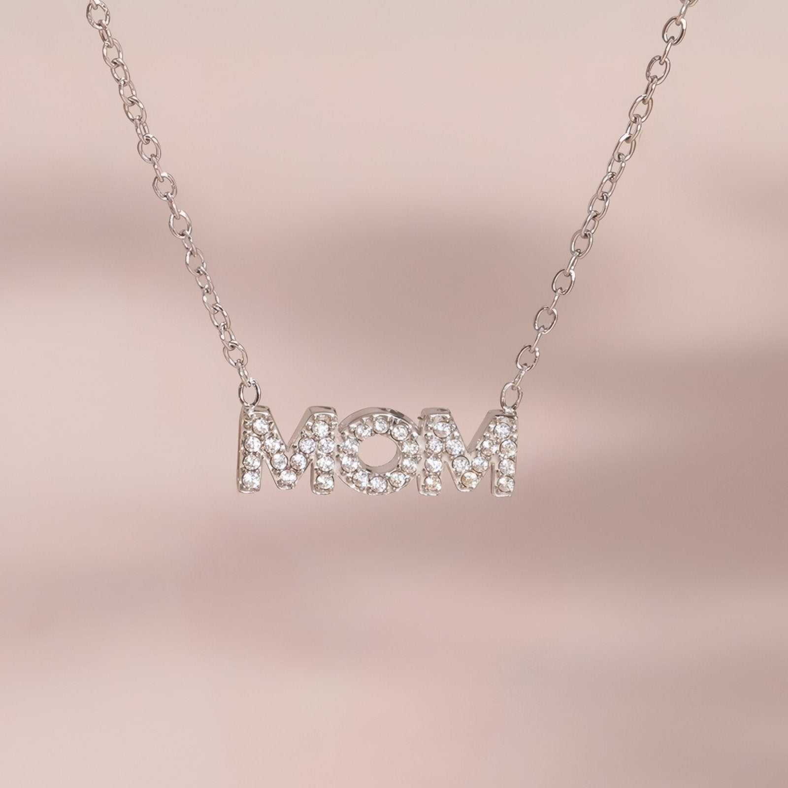 Collier pendentif MOM pour maman, avec zircon, en acier inoxydable