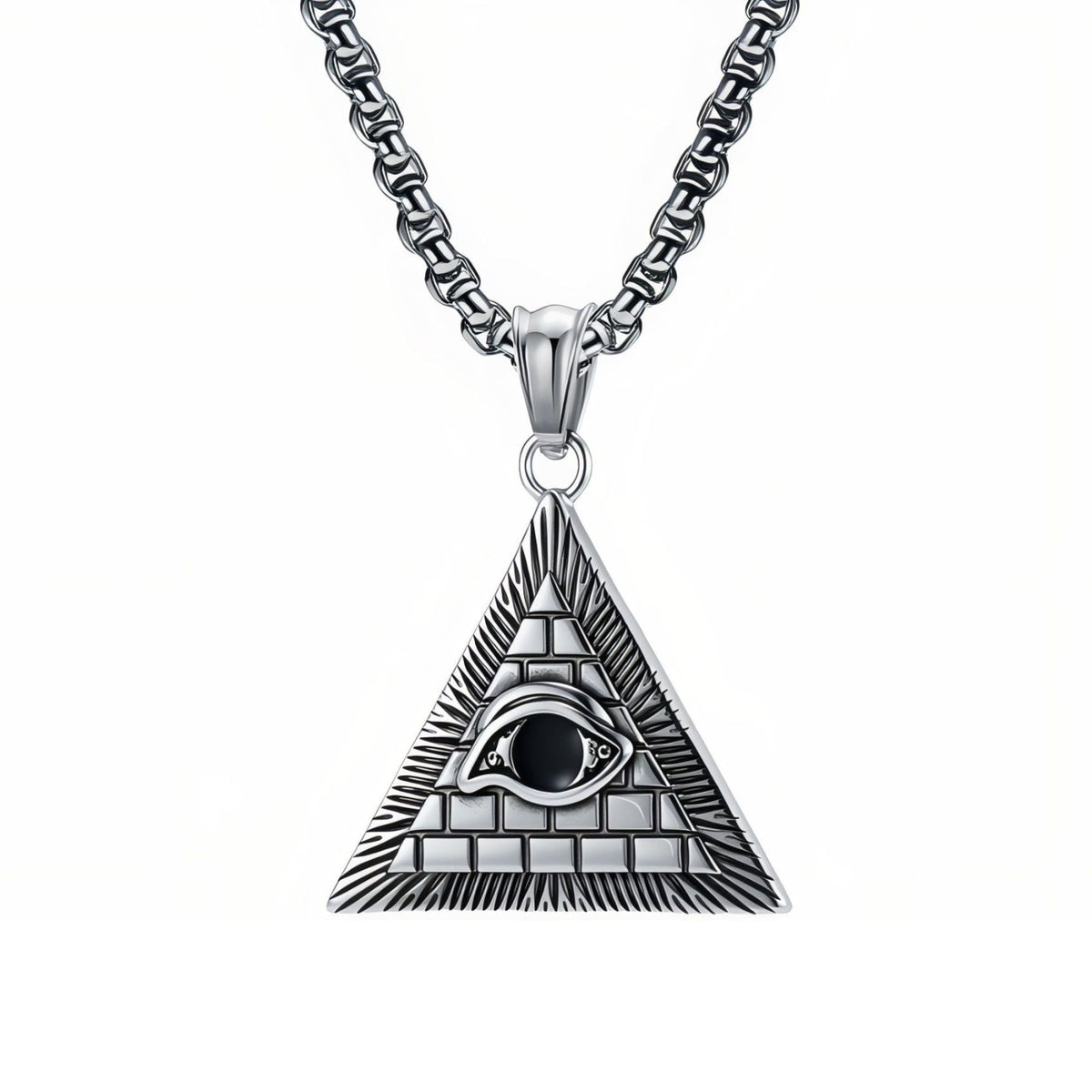 Collier pendentif œil de la Providence pour homme, en acier inoxydable, pyramide égyptienne triangulaire sculptée