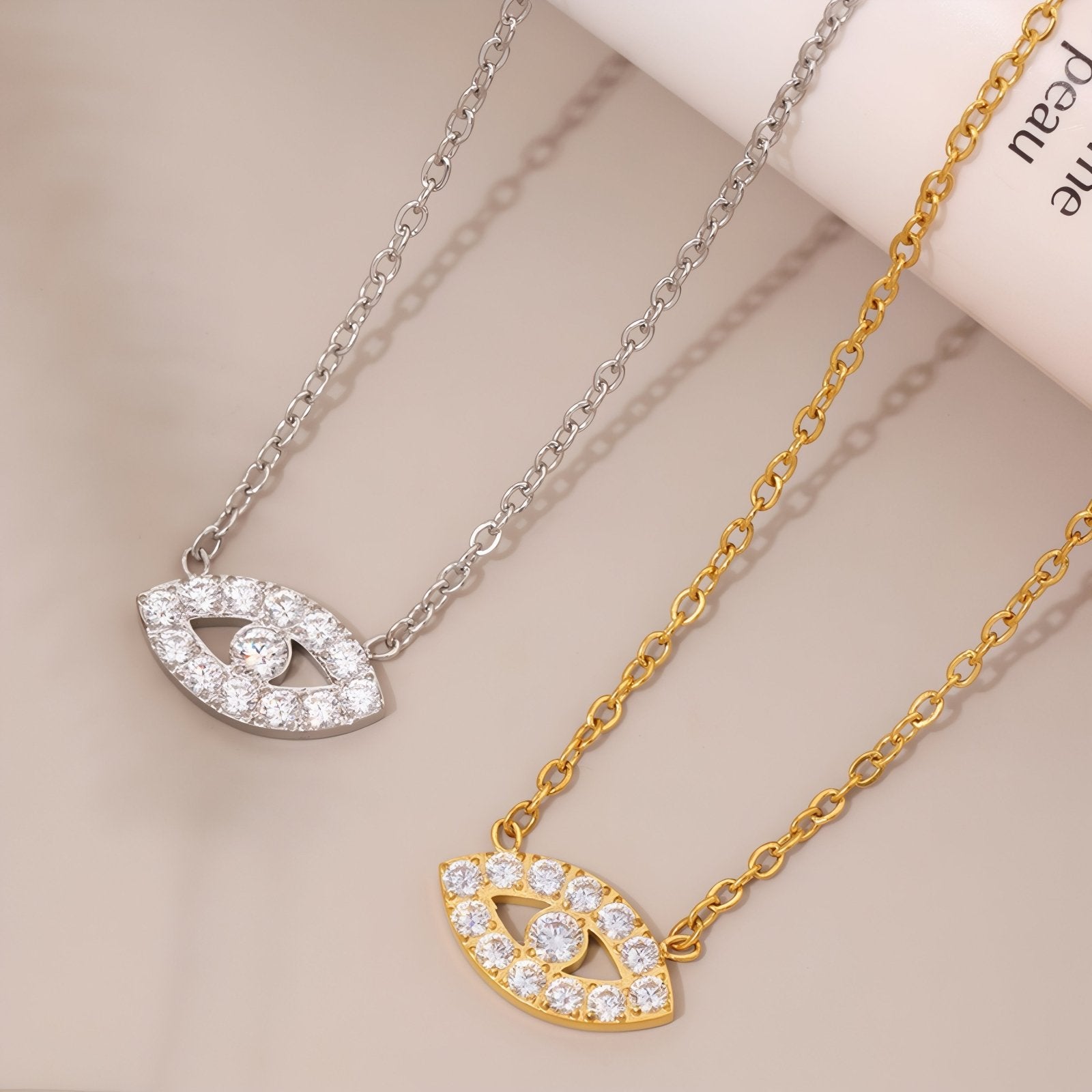 Collier pendentif œil pour femme, avec zircon, en acier inoxydable