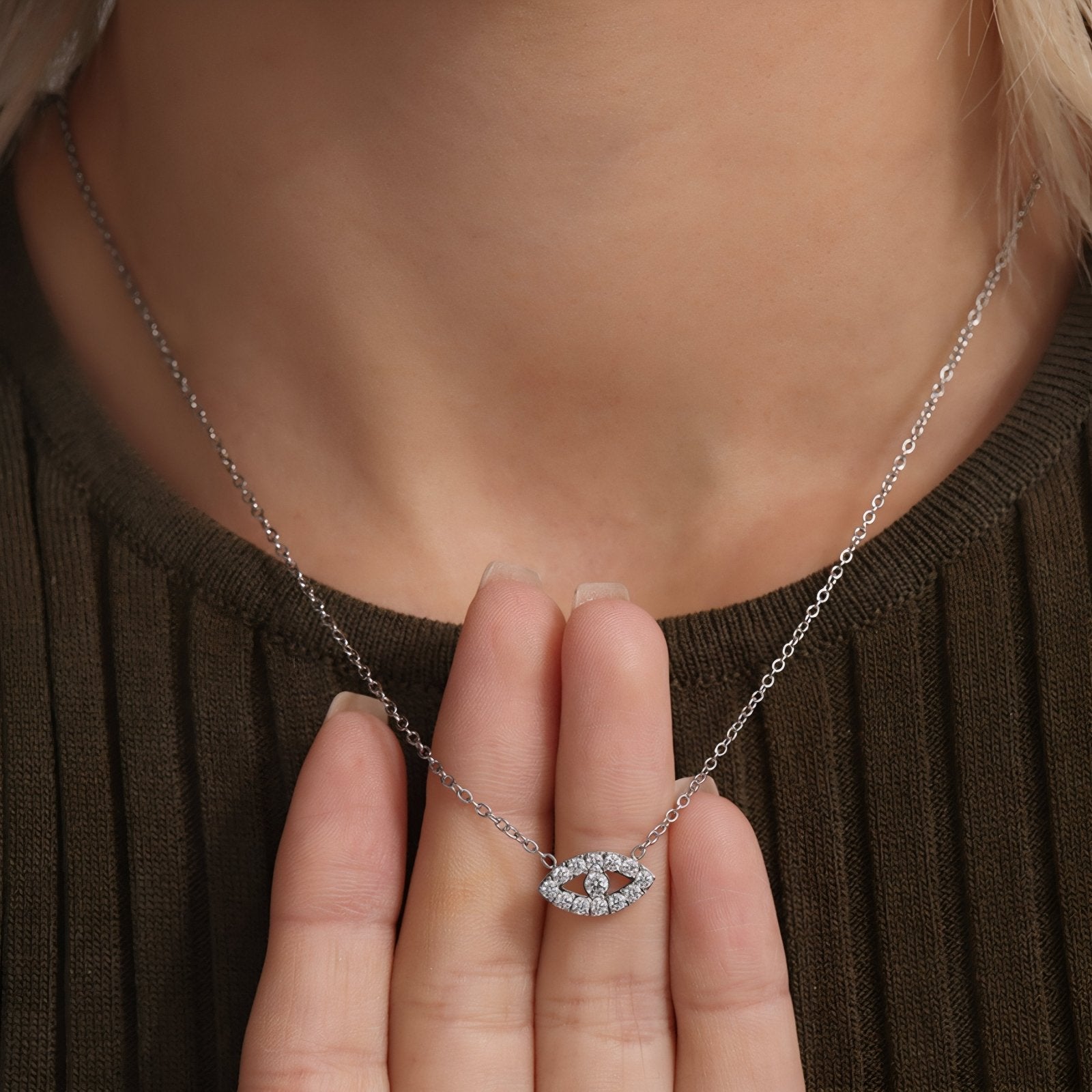 Collier pendentif œil pour femme, avec zircon, en acier inoxydable