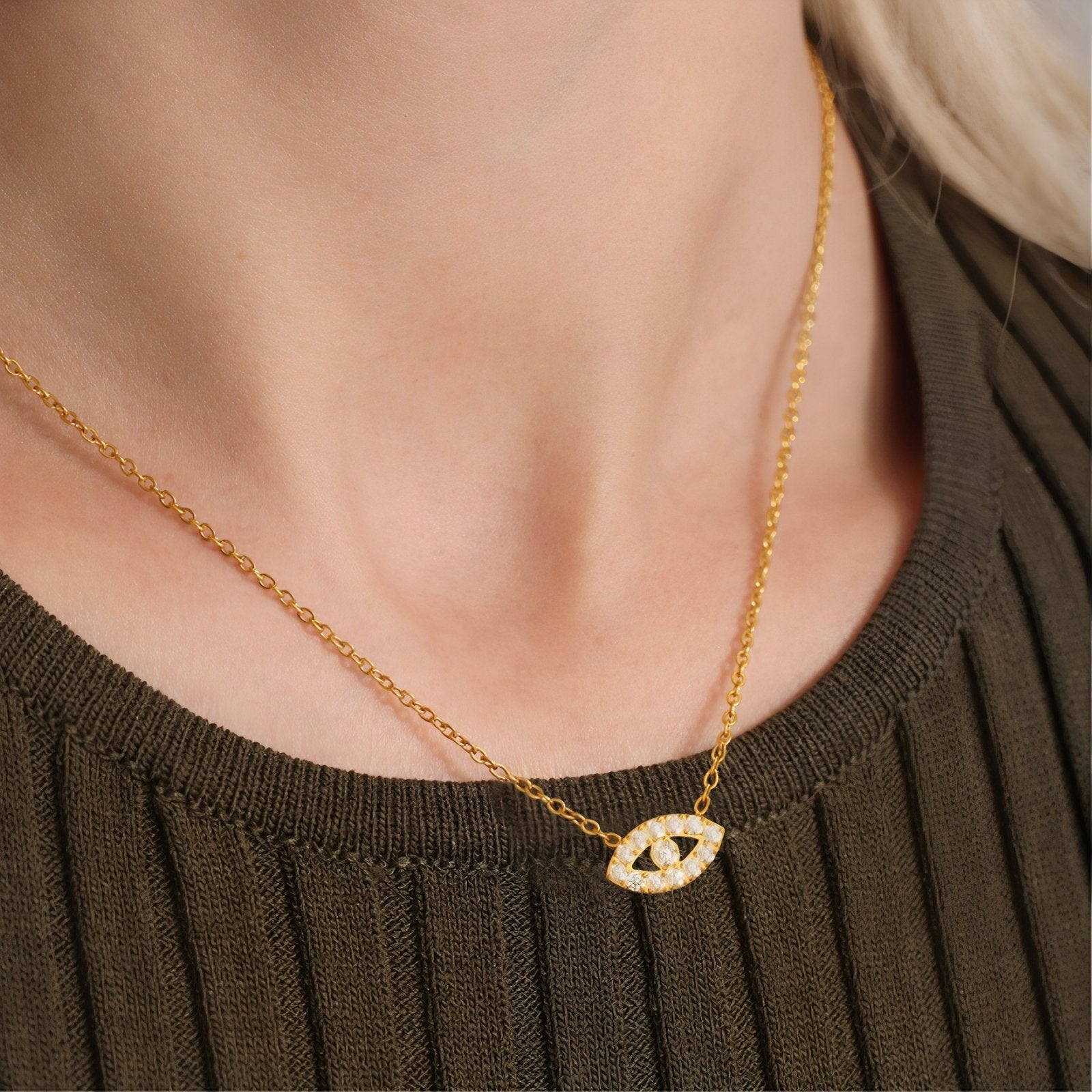 Collier pendentif œil pour femme, avec zircon, en acier inoxydable