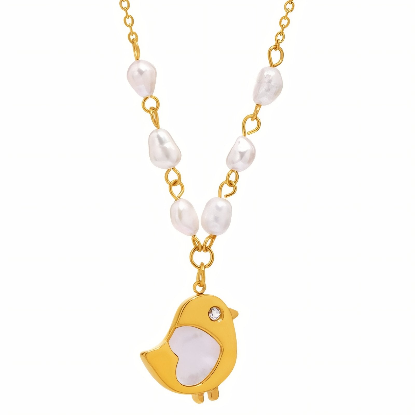 Collier pendentif oiseau pour femme, avec perles d’eau douce et nacre, en acier inoxydable