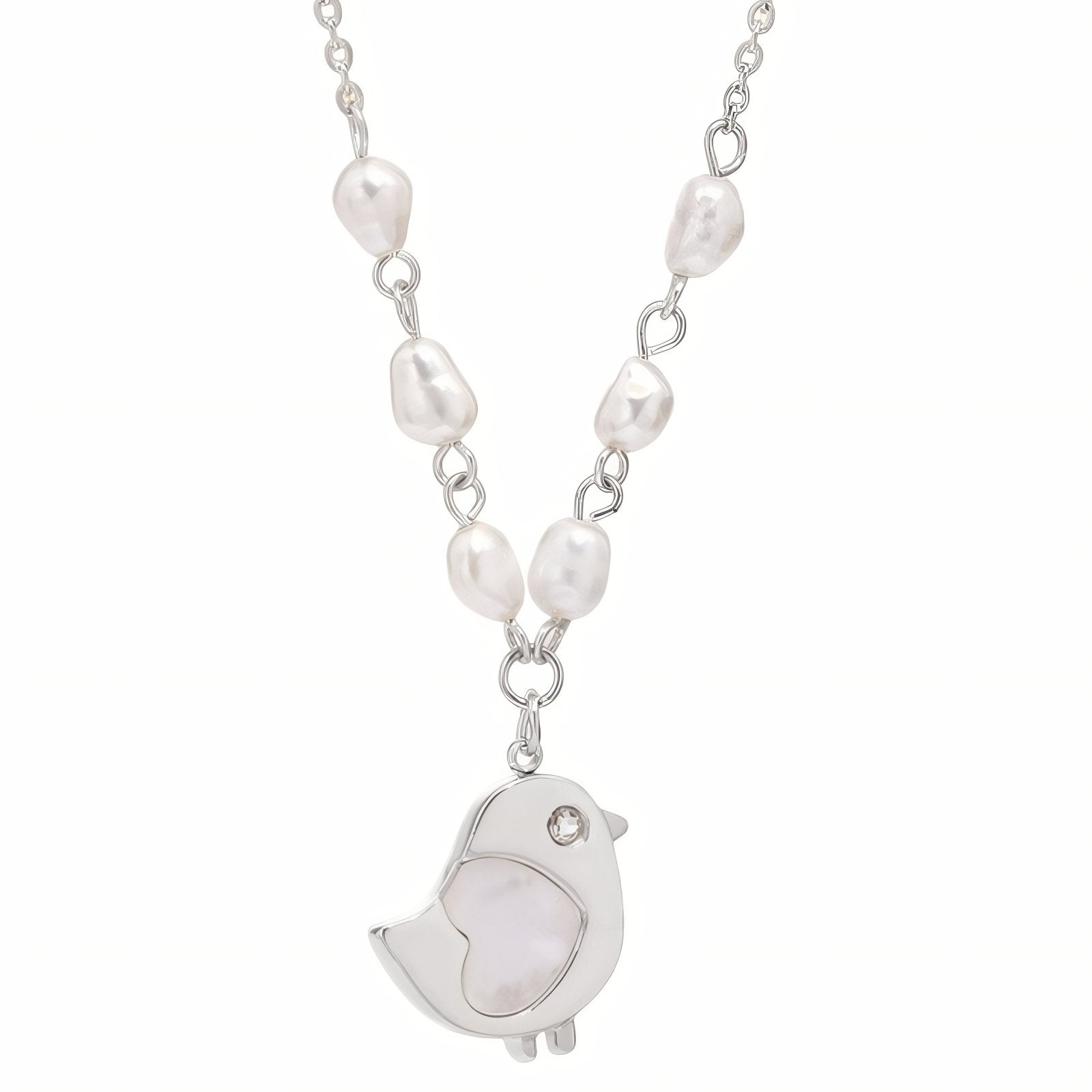 Collier pendentif oiseau pour femme, avec perles d’eau douce et nacre, en acier inoxydable