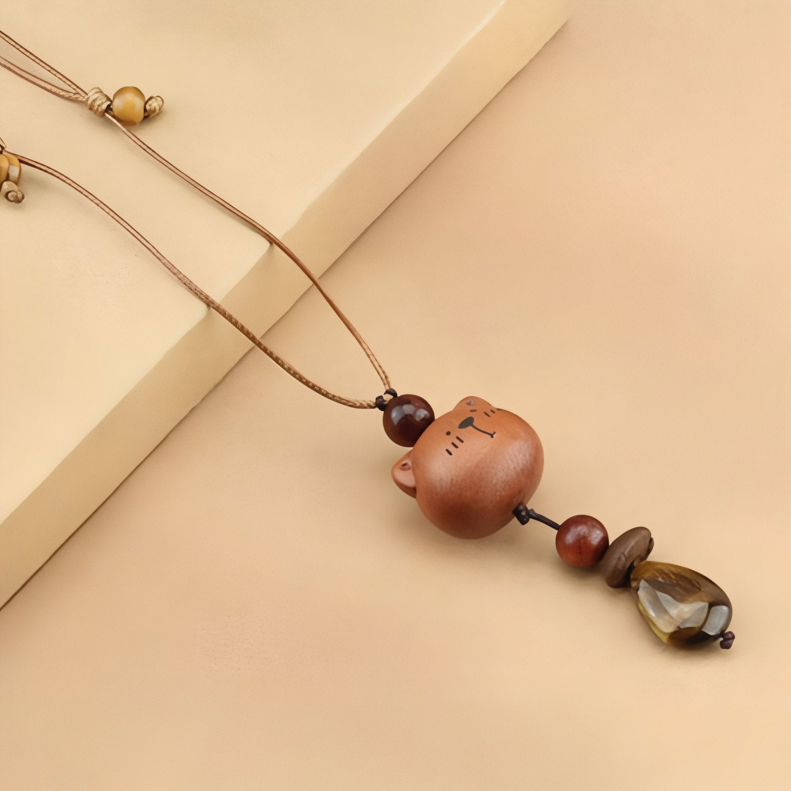 Collier pendentif ourson, chien, chat ou étoile en bois naturel, avec perles en bois et cordon ajustable