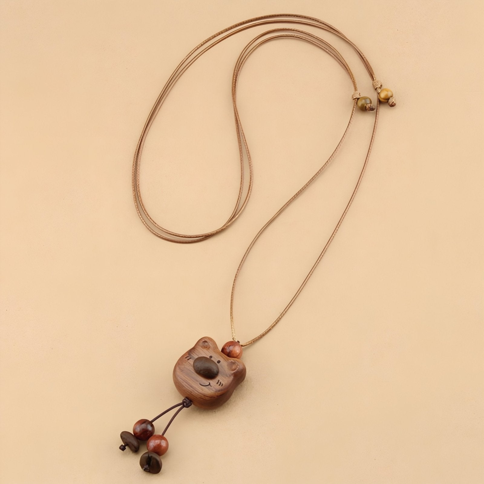 Collier pendentif ourson, chien, chat ou étoile en bois naturel, avec perles en bois et cordon ajustable