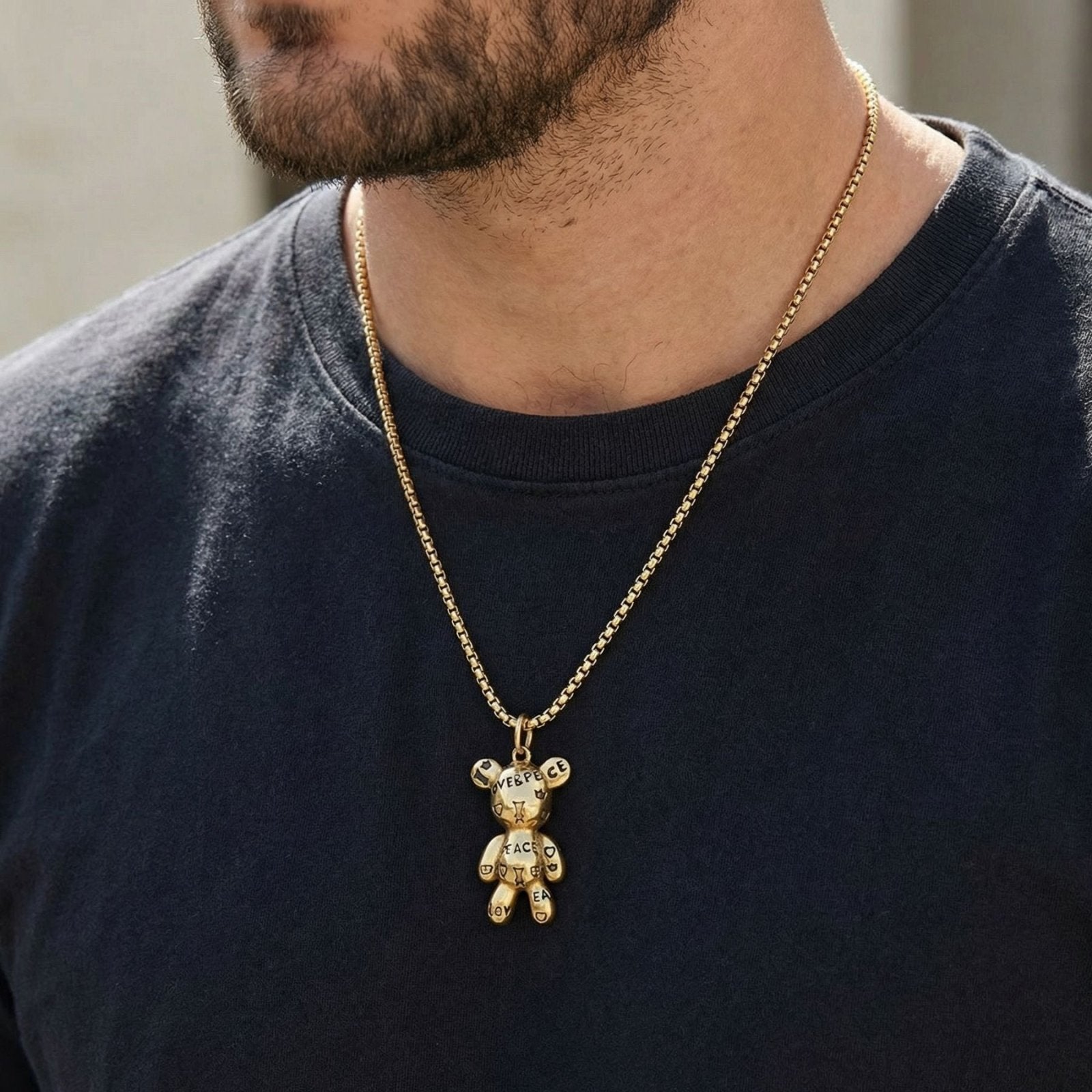 Collier pendentif ourson Peace & Love, en acier inoxydable, style Y2K, pour homme