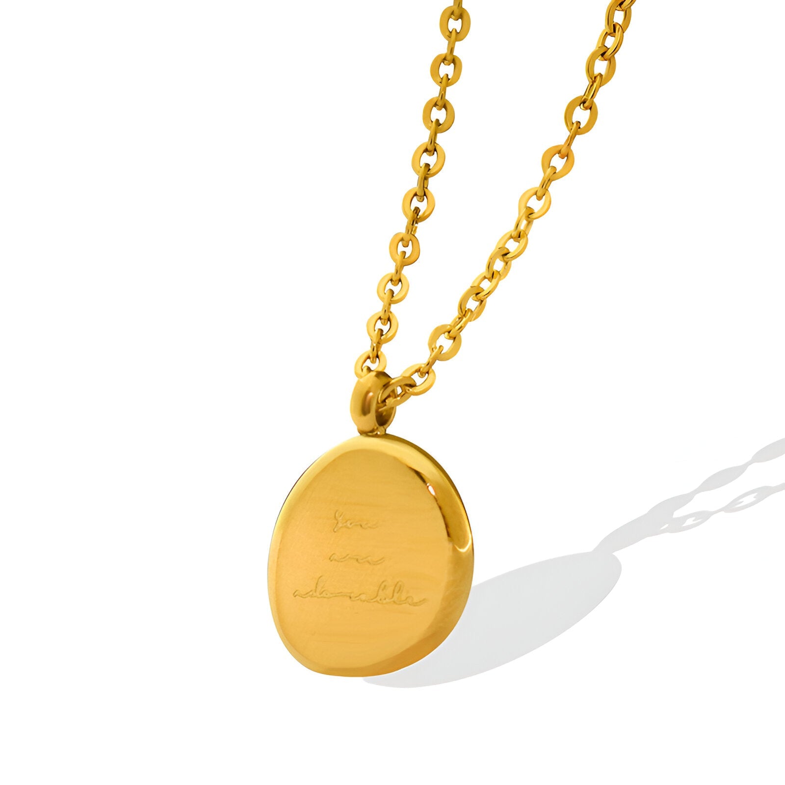 Collier pendentif ovale gravé “You are adorable”, acier inoxydable doré, pour femme, modèle Éloïse