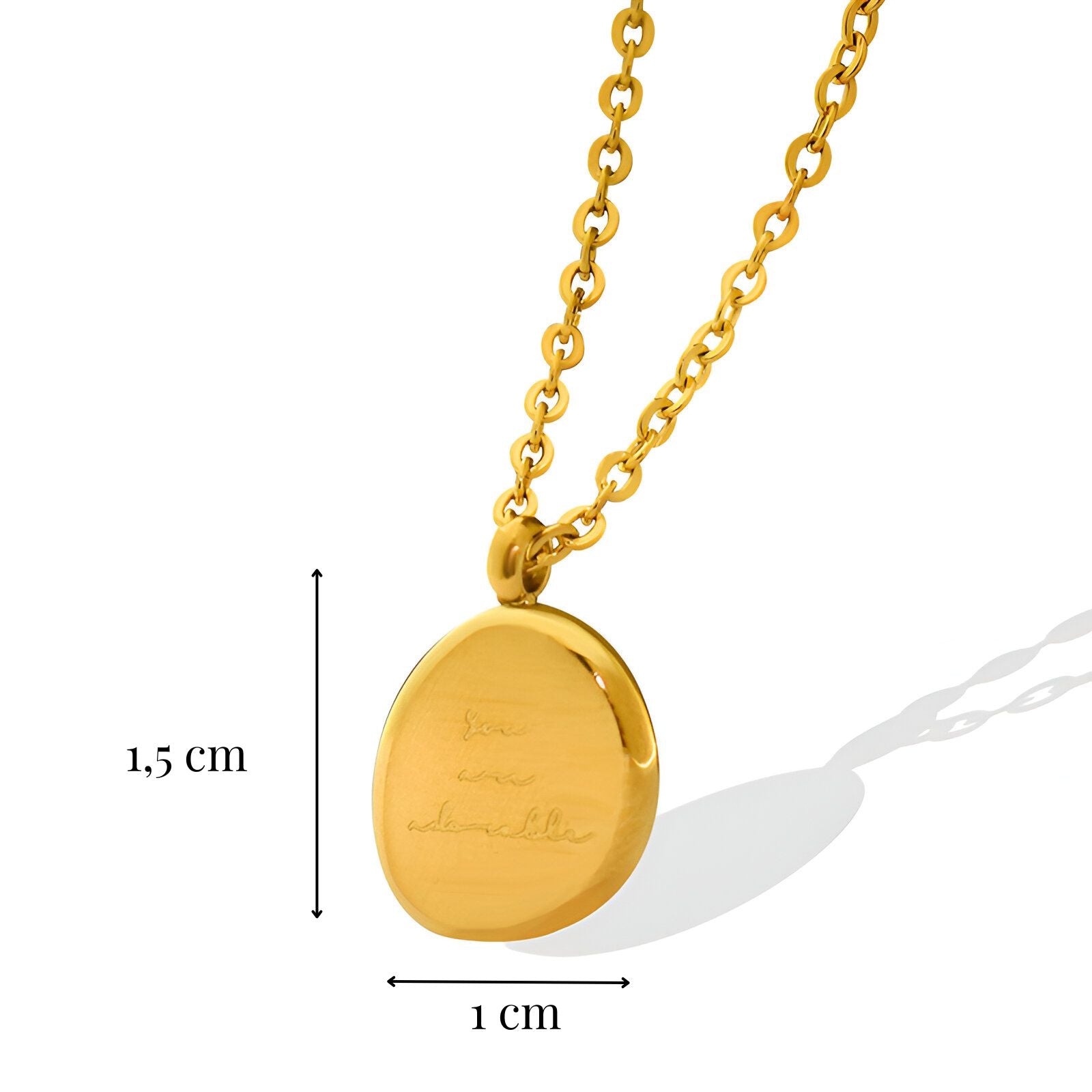 Collier pendentif ovale gravé “You are adorable”, acier inoxydable doré, pour femme, modèle Éloïse