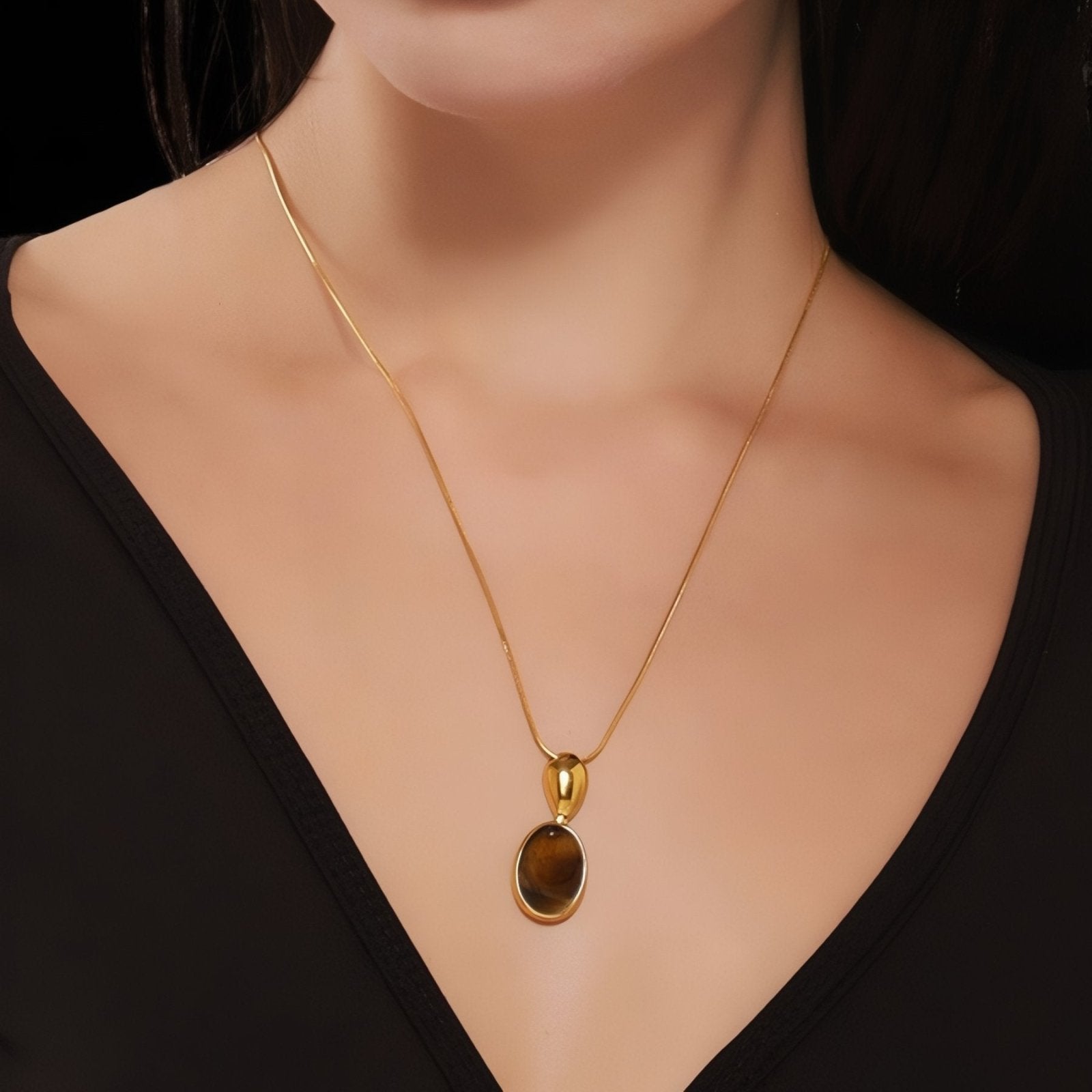 Collier pendentif ovale pour femme, avec pierre naturelle, agate et œil de tigre, en acier inoxydable