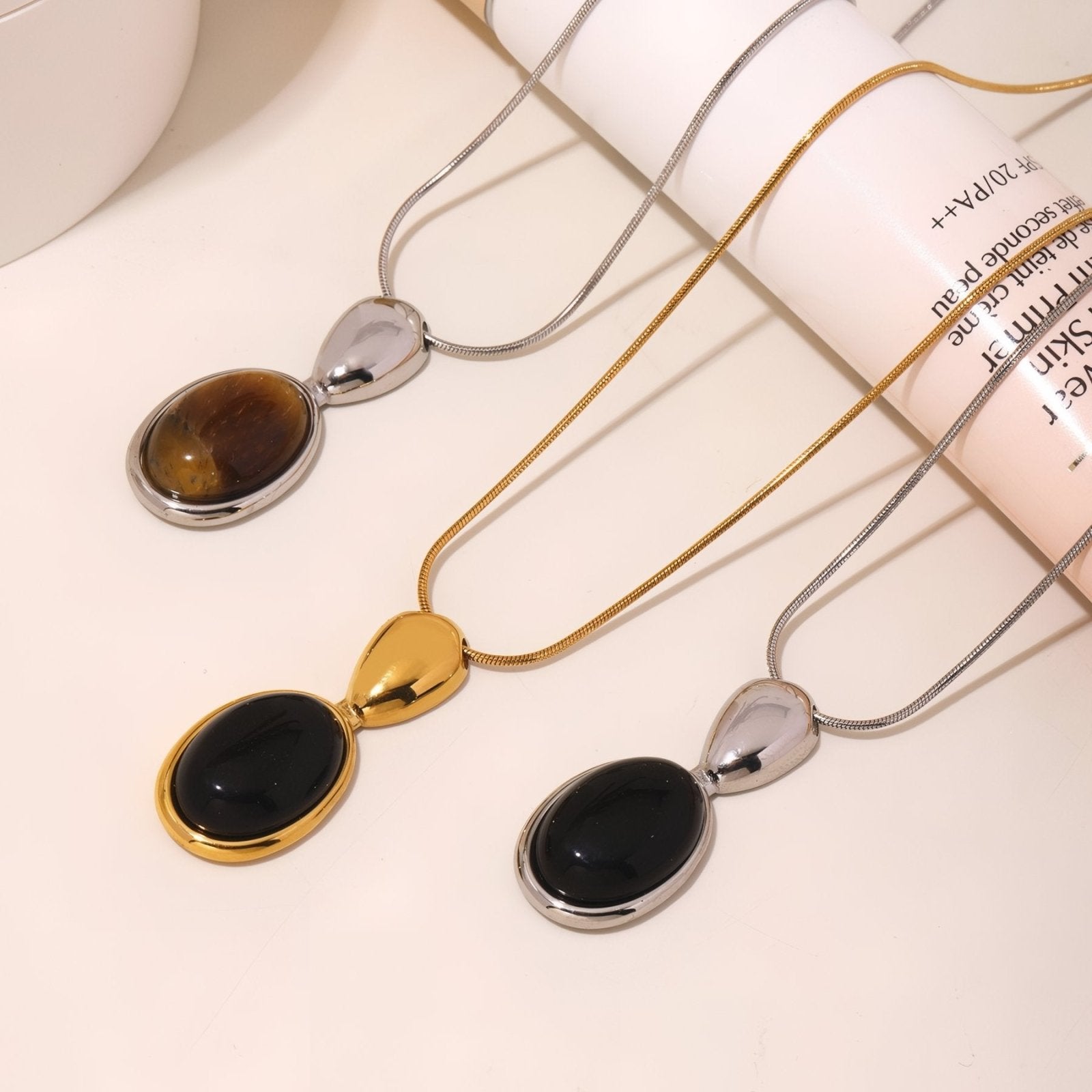Collier pendentif ovale pour femme, avec pierre naturelle, agate et œil de tigre, en acier inoxydable