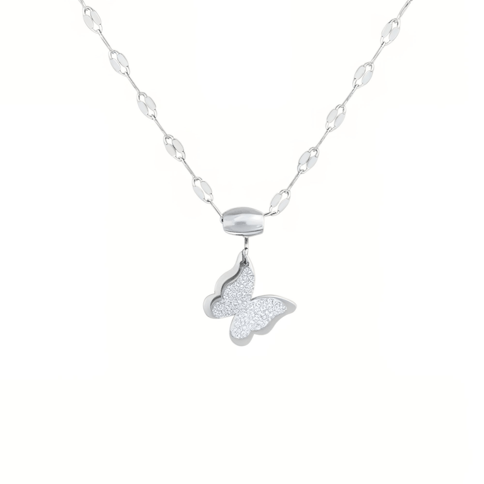 Collier pendentif papillon, acier titane, finition satinée brillante, modèle Yumi
