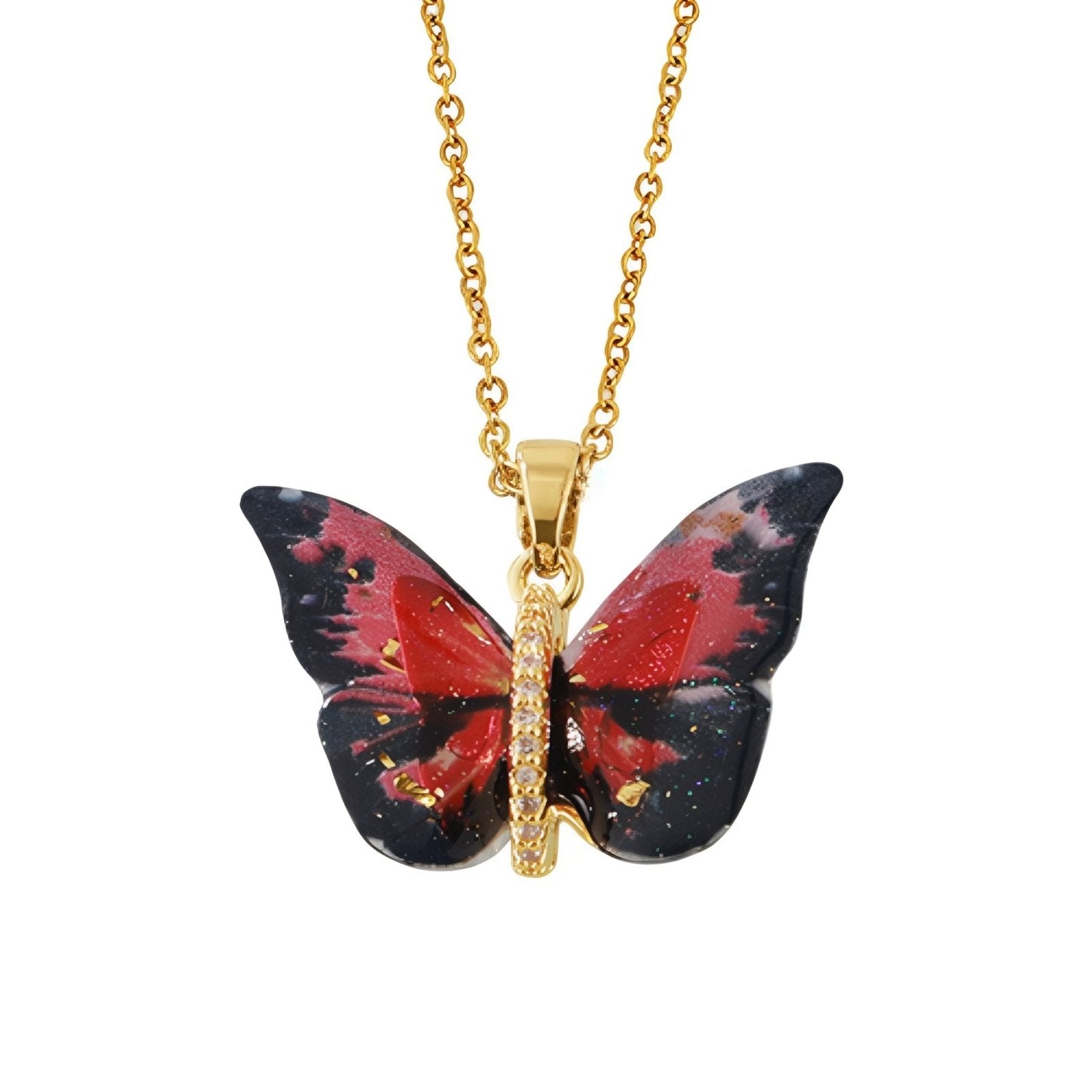 Collier pendentif papillon multicolore, effet dégradé, en résine et acier inoxydable
