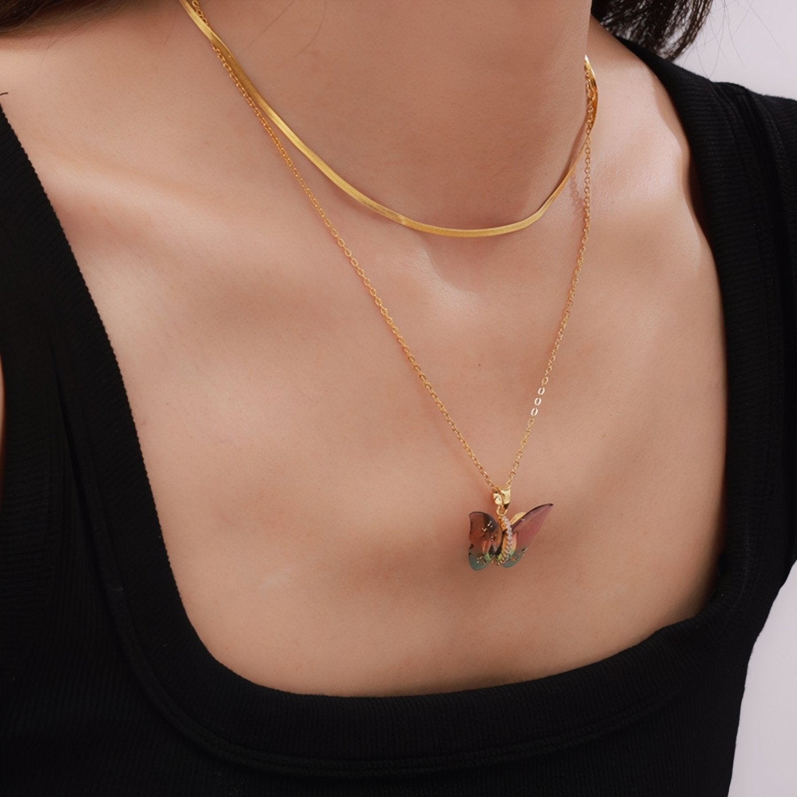 Collier pendentif papillon multicolore, effet dégradé, en résine et acier inoxydable