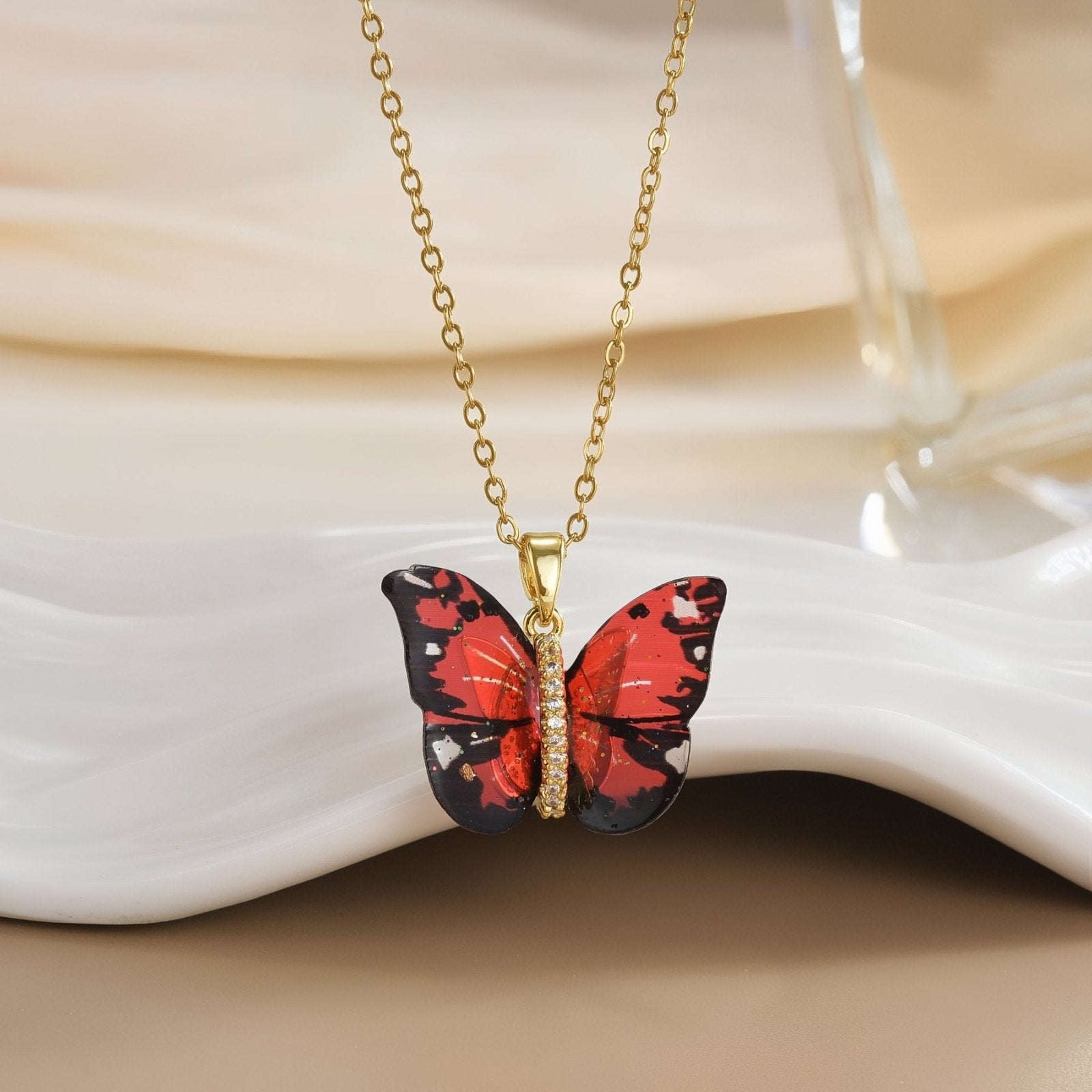 Collier pendentif papillon multicolore, effet dégradé, en résine et acier inoxydable