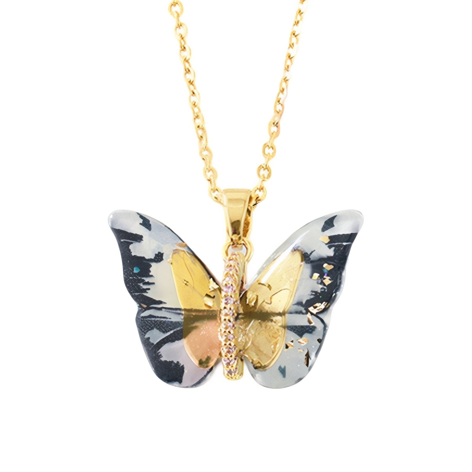 Collier pendentif papillon multicolore, effet dégradé, en résine et acier inoxydable