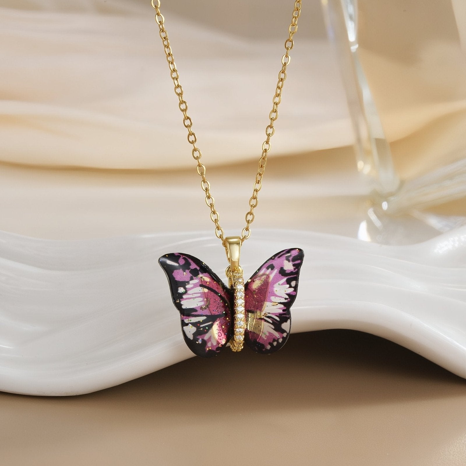 Collier pendentif papillon multicolore, effet dégradé, en résine et acier inoxydable