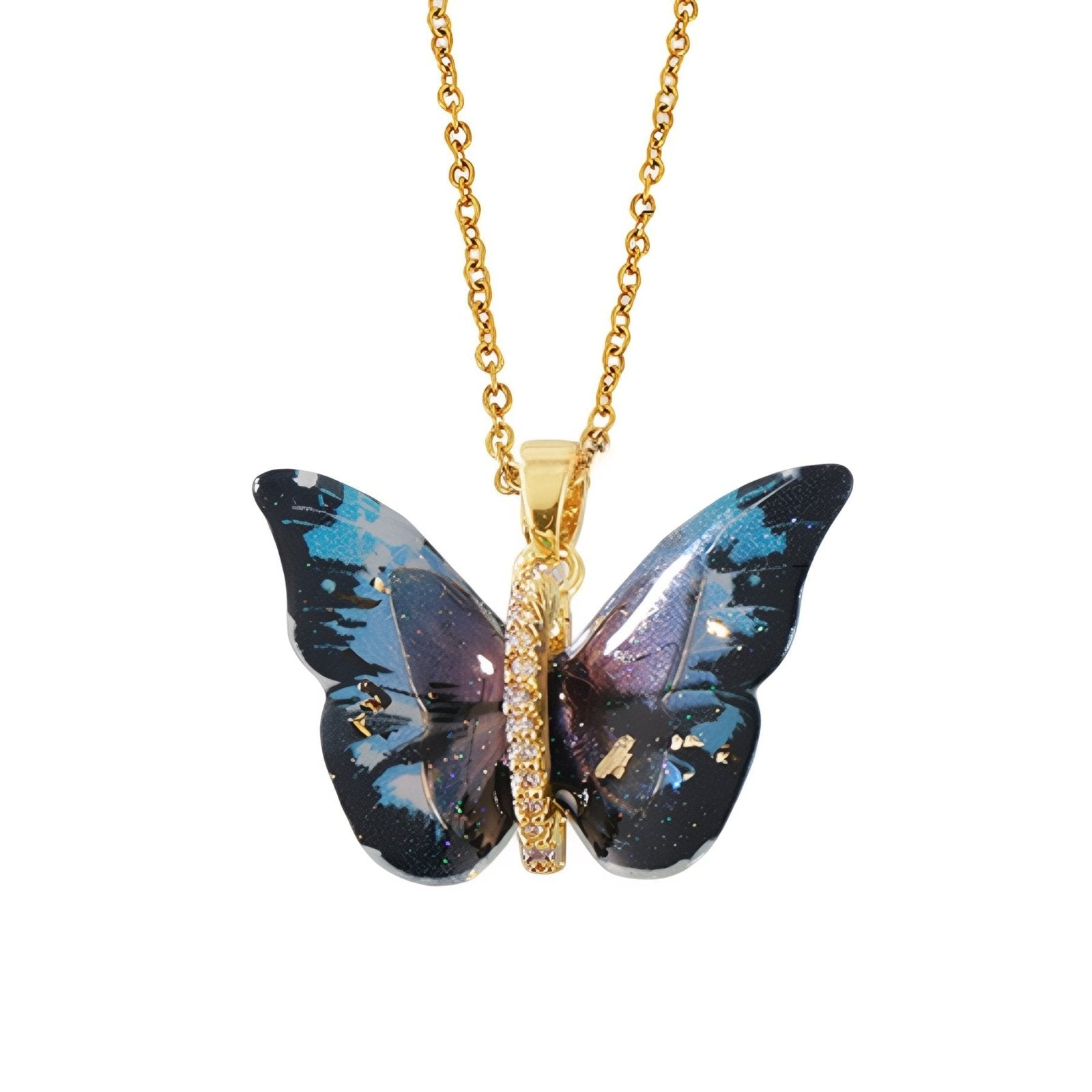 Collier pendentif papillon multicolore, effet dégradé, en résine et acier inoxydable