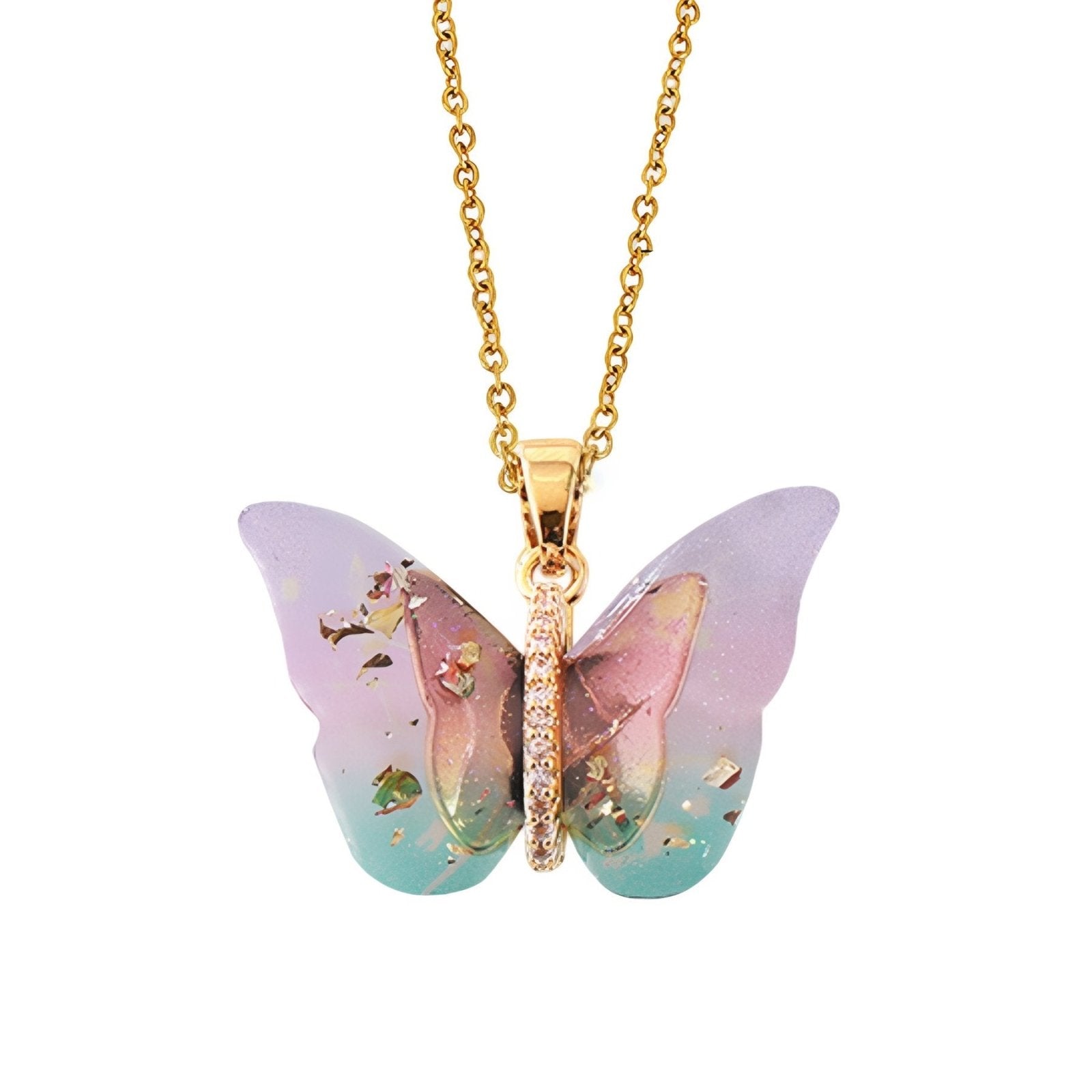 Collier pendentif papillon multicolore, effet dégradé, en résine et acier inoxydable