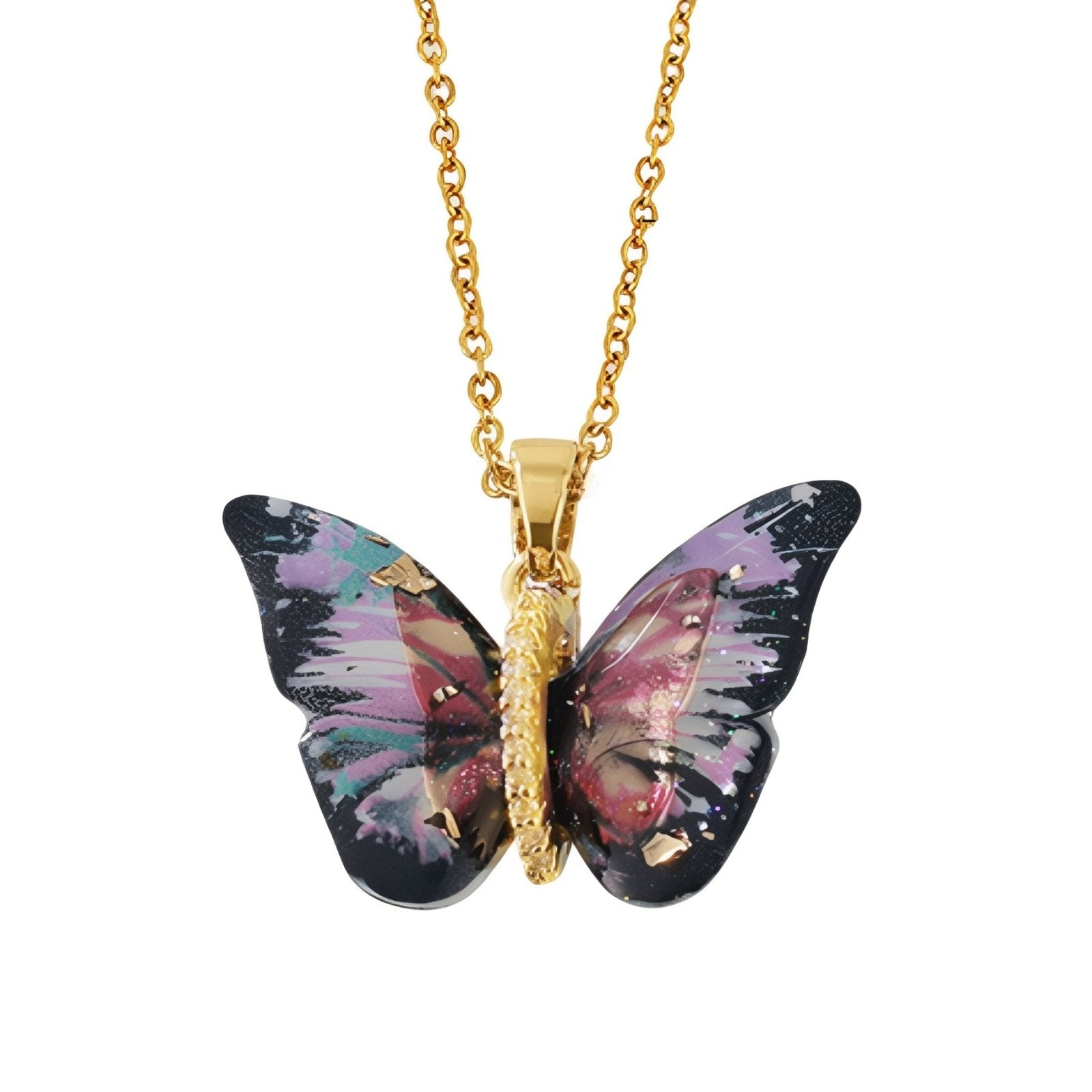 Collier pendentif papillon multicolore, effet dégradé, en résine et acier inoxydable