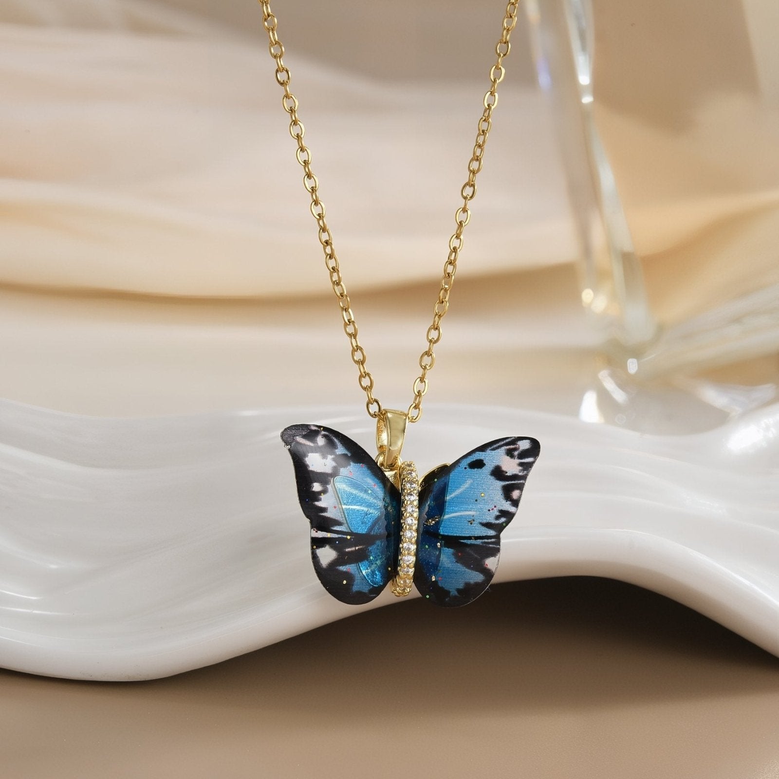 Collier pendentif papillon multicolore, effet dégradé, en résine et acier inoxydable