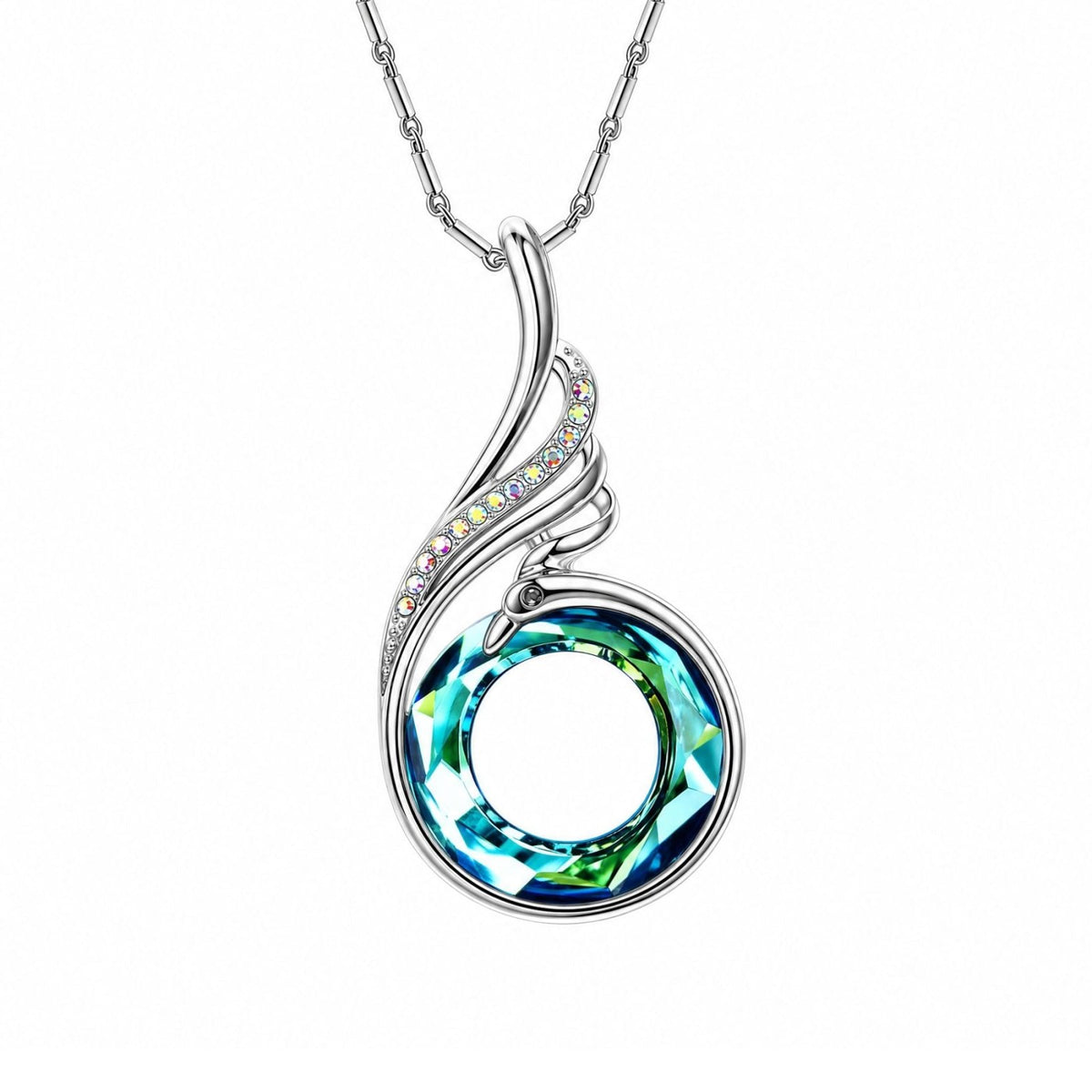 Collier pendentif phénix pour femme, en argent 925, cristal circulaire aux reflets multicolores