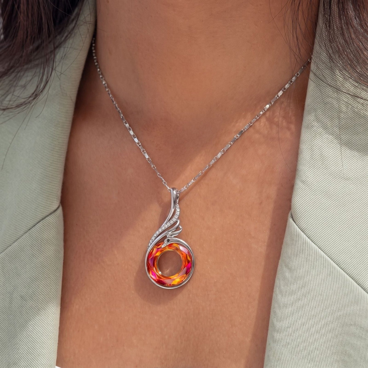 Collier pendentif phénix pour femme, en argent 925, cristal circulaire aux reflets multicolores