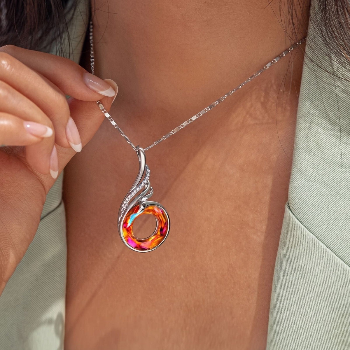 Collier pendentif phénix pour femme, en argent 925, cristal circulaire aux reflets multicolores