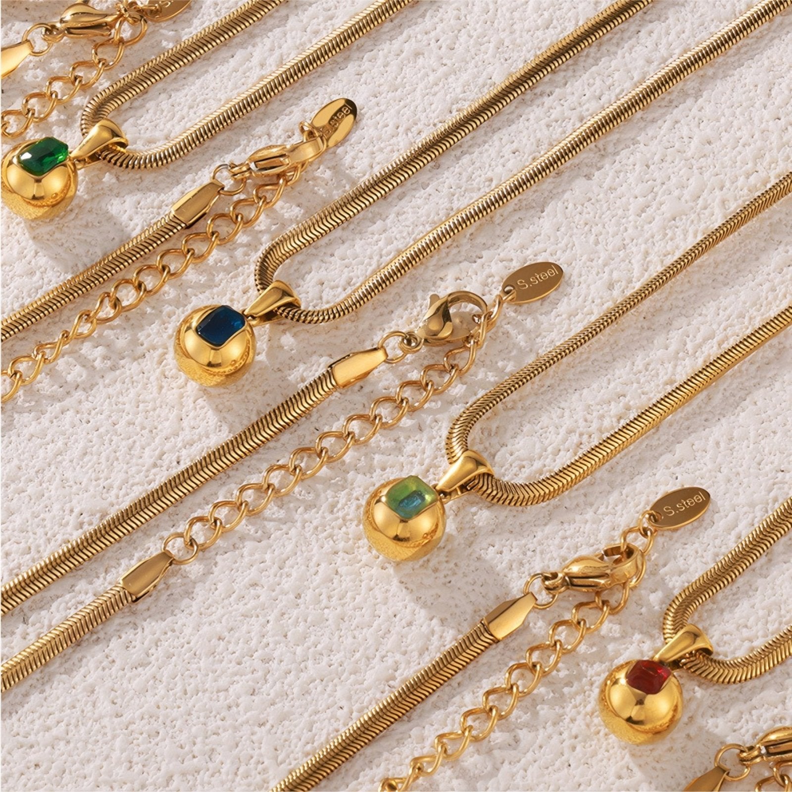 Collier pendentif pierre de naissance, zircon coloré et chaîne serpent, en acier inoxydable