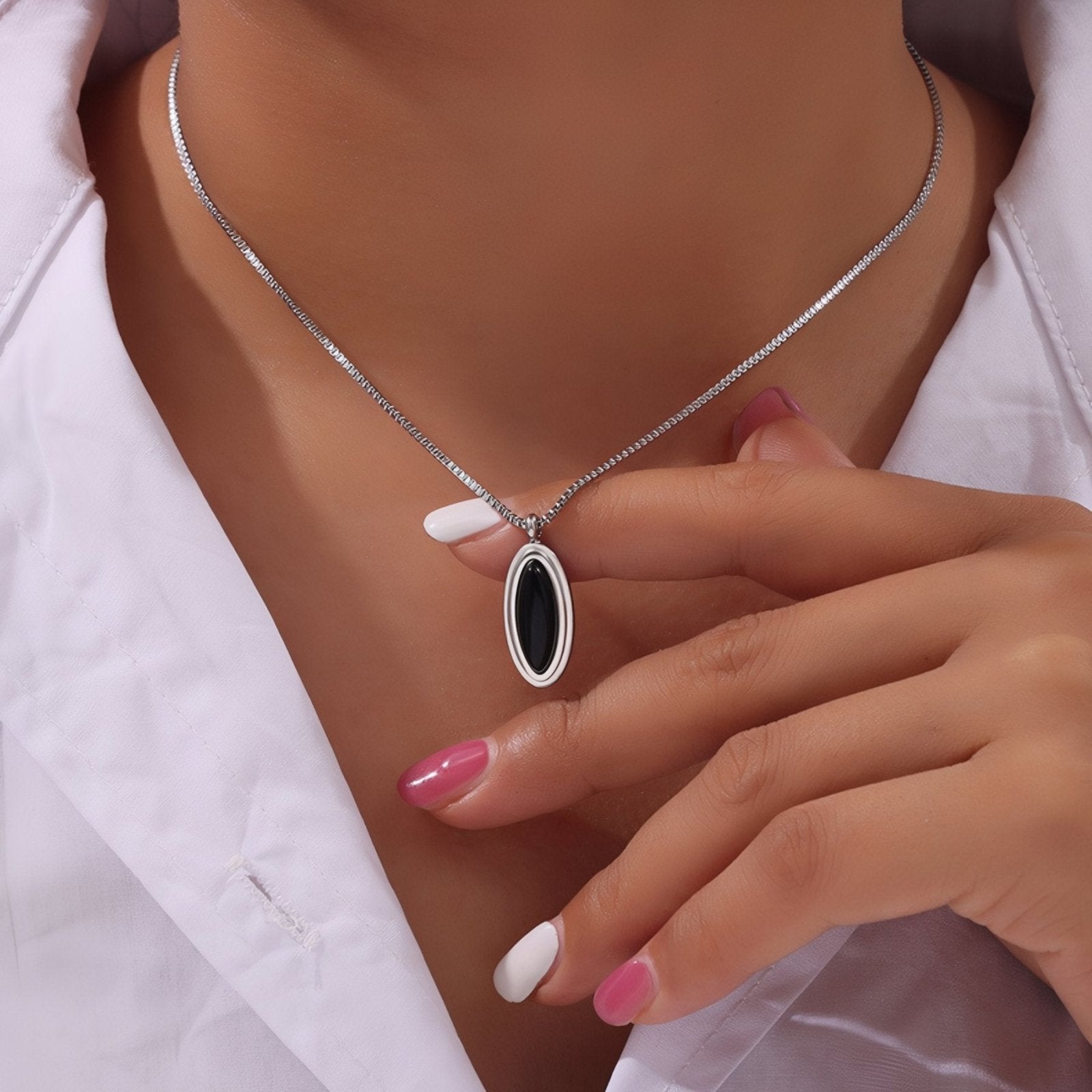 Collier pendentif pierre naturelle ovale, pierre noire ou œil de tigre, en acier inoxydable or ou argent