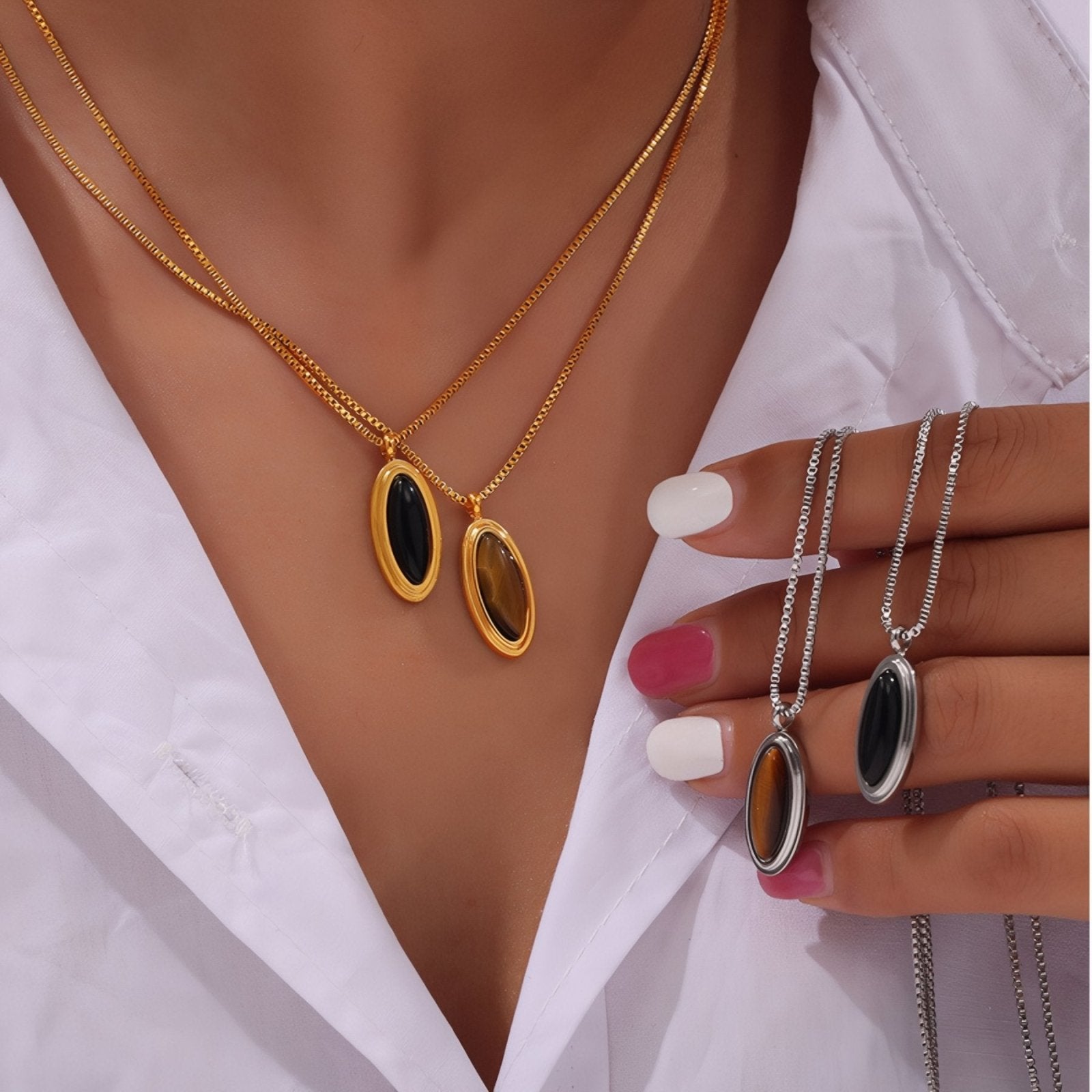 Collier pendentif pierre naturelle ovale, pierre noire ou œil de tigre, en acier inoxydable or ou argent