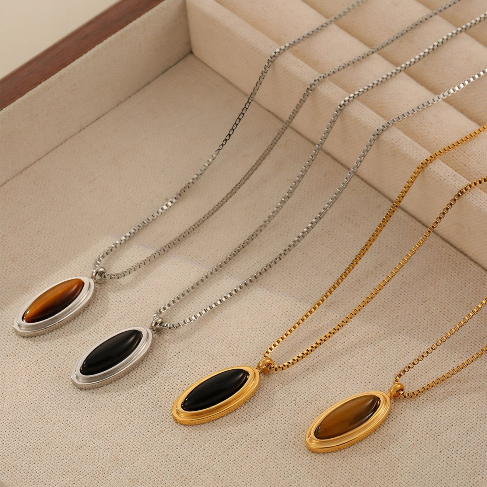 Collier pendentif pierre naturelle ovale, pierre noire ou œil de tigre, en acier inoxydable or ou argent