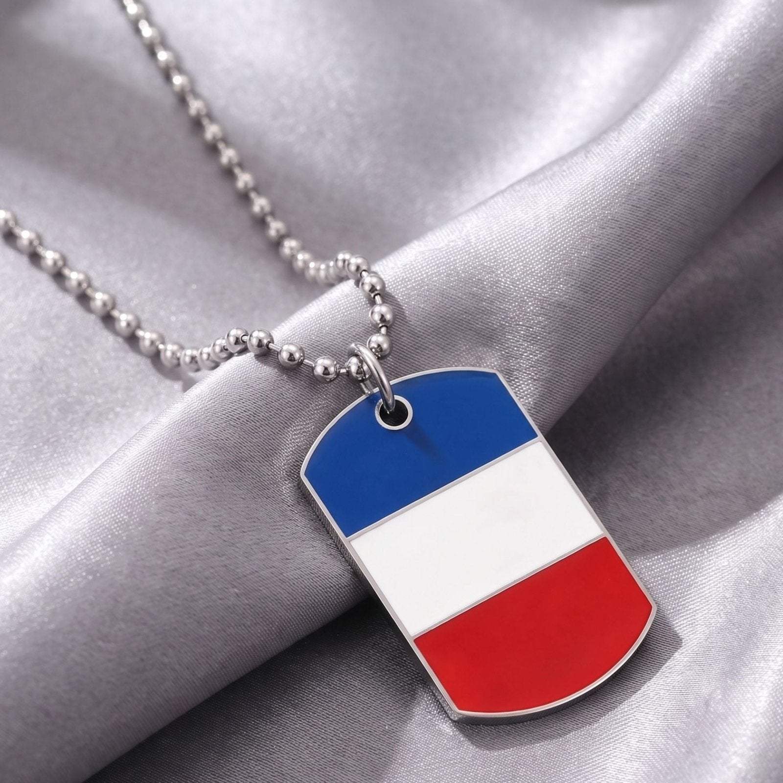 Collier Pendentif Plaque Drapeau de France en acier inoxydable