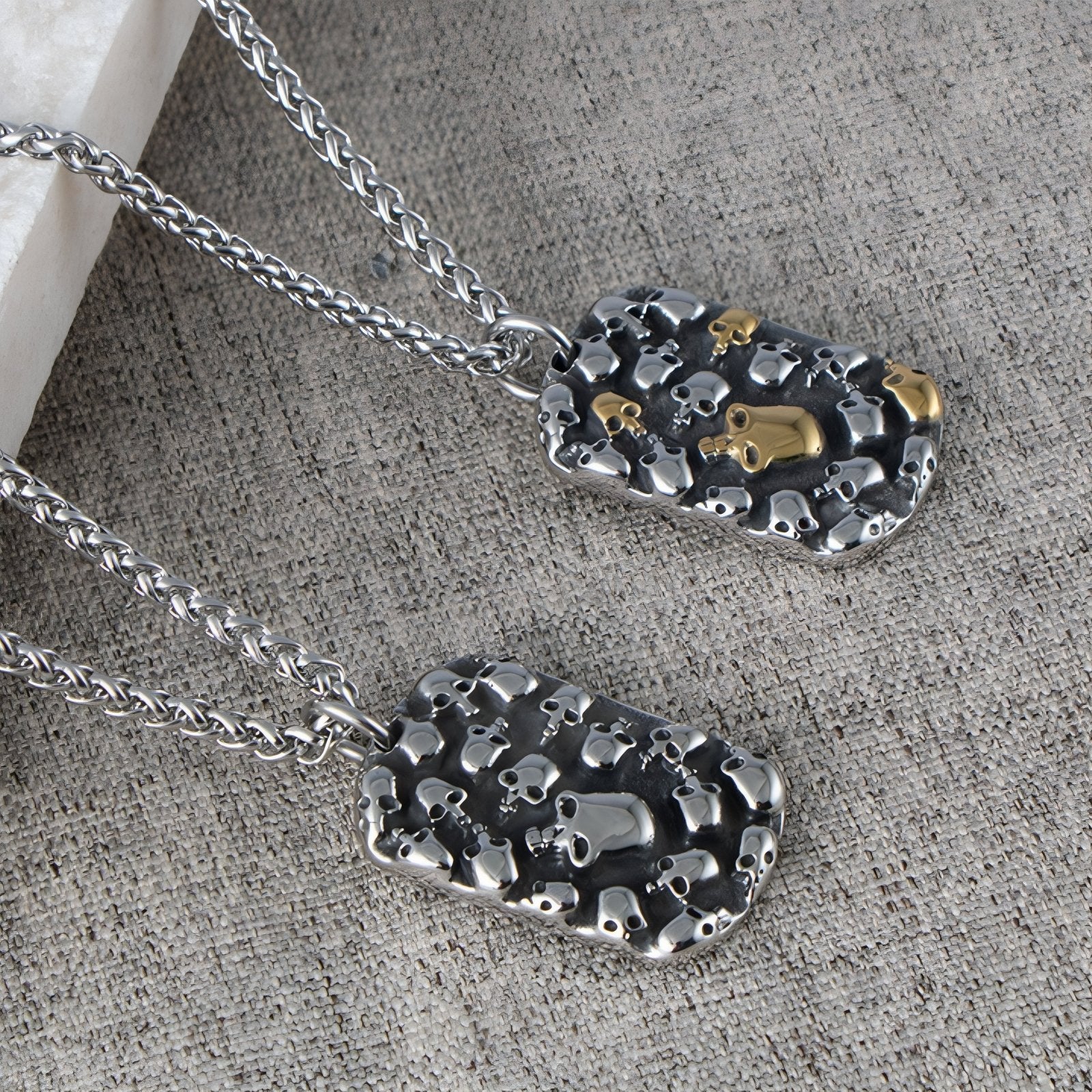 Collier pendentif plaque militaire ornée de têtes de mort, en acier inoxydable, look biker