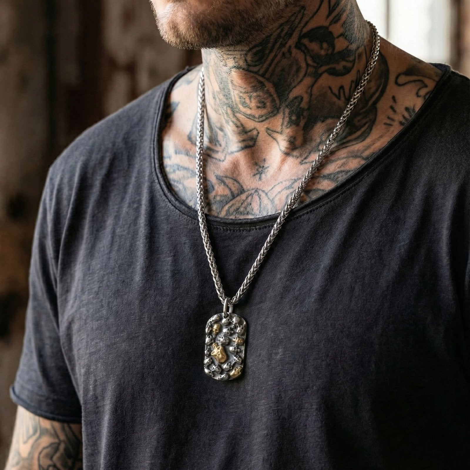 Collier pendentif plaque militaire ornée de têtes de mort, en acier inoxydable, look biker