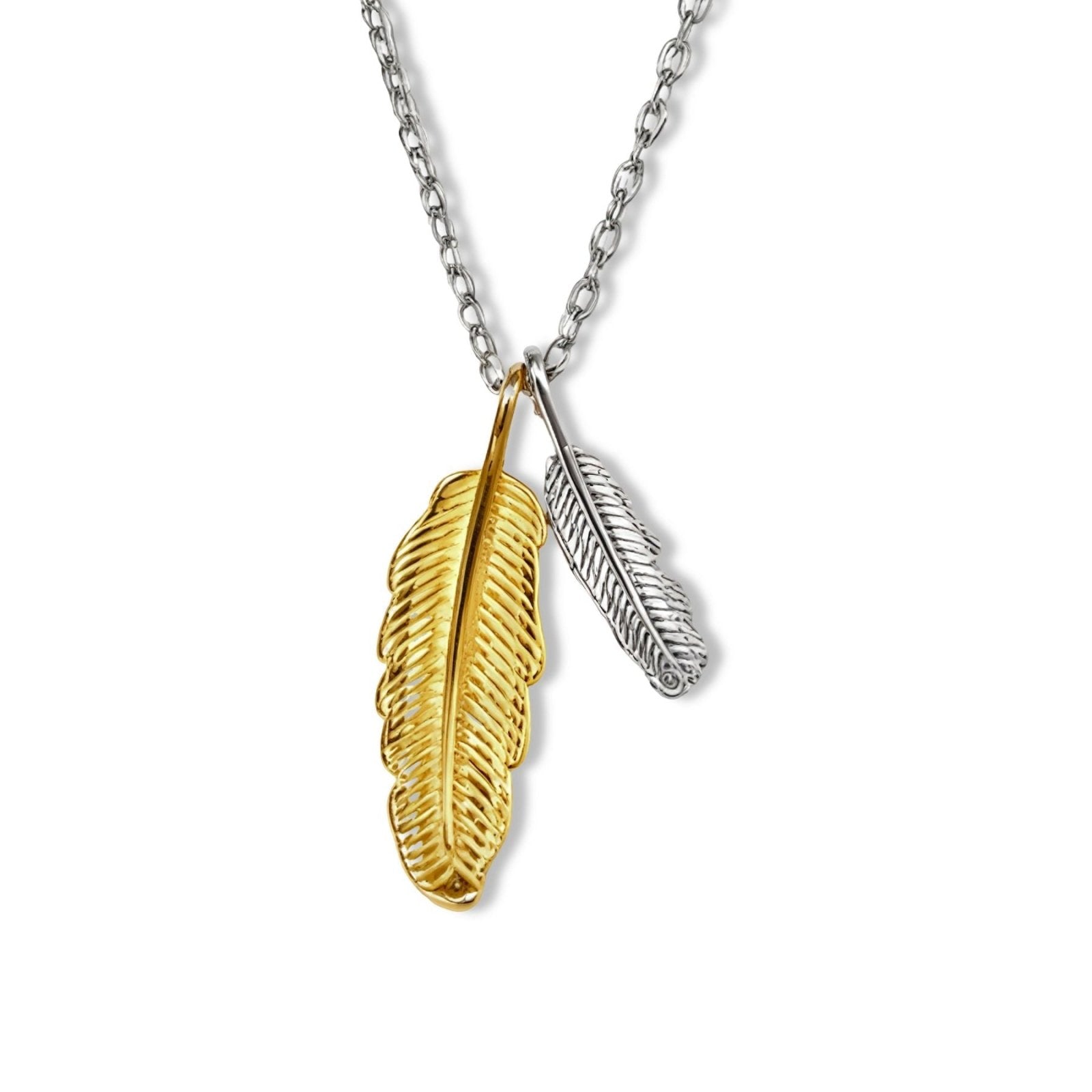 Collier pendentif plume double en argent 925, finition dorée et argentée, style bohème féminin, modèle Elaya