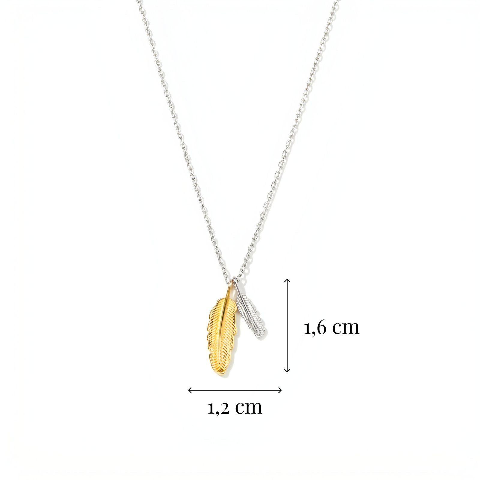 Collier pendentif plume double en argent 925, finition dorée et argentée, style bohème féminin, modèle Elaya
