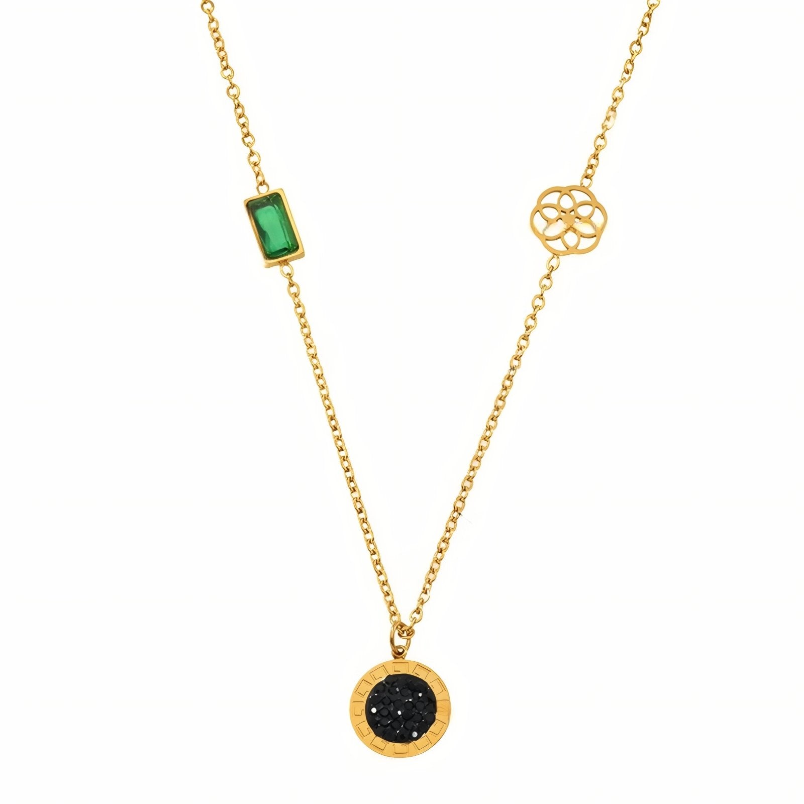 Collier pendentif pour femme, avec médaillon strass noir et verre vert, en acier inoxydable