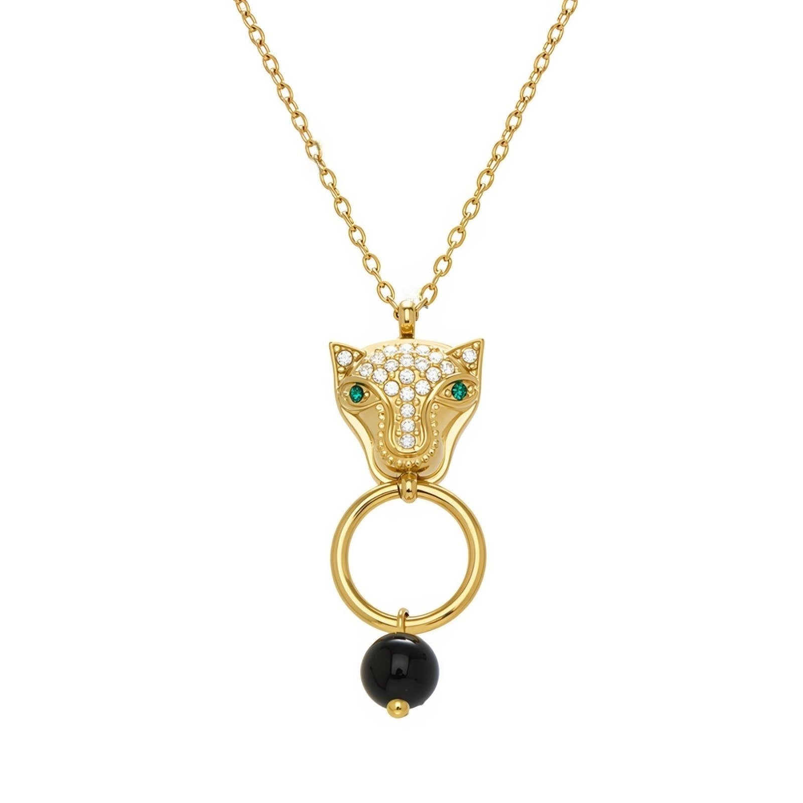 Collier pendentif pour femme, avec tête de panthère pavée de zircons, en acier inoxydable