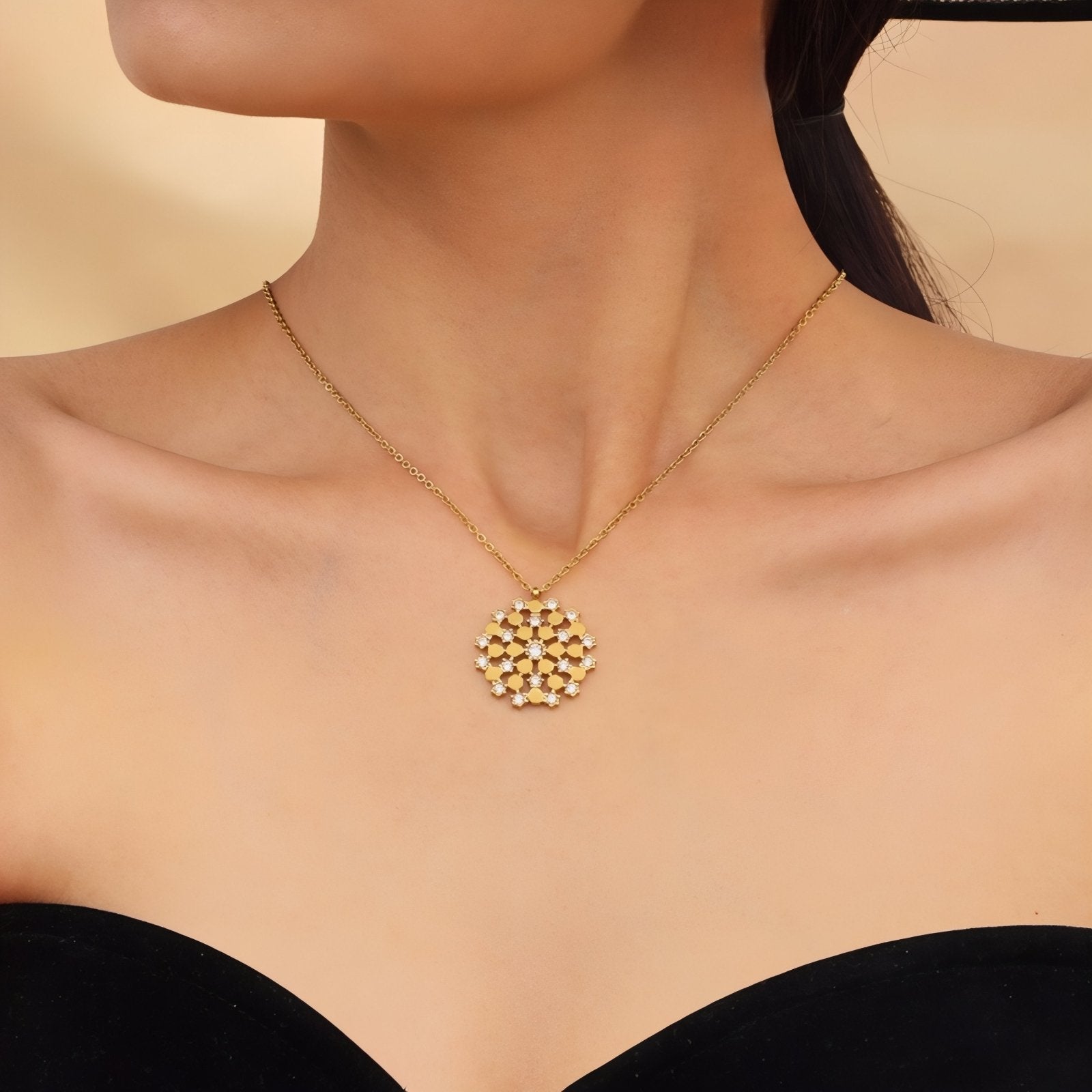 Collier pendentif pour femme, médaillon flocon , avec zircon, en acier inoxydable