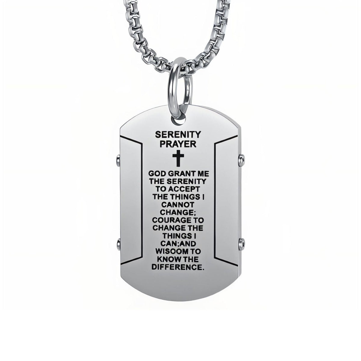 Collier pendentif prière de sérénité pour homme, en acier inoxydable, plaque militaire gravée avec croix chrétienne