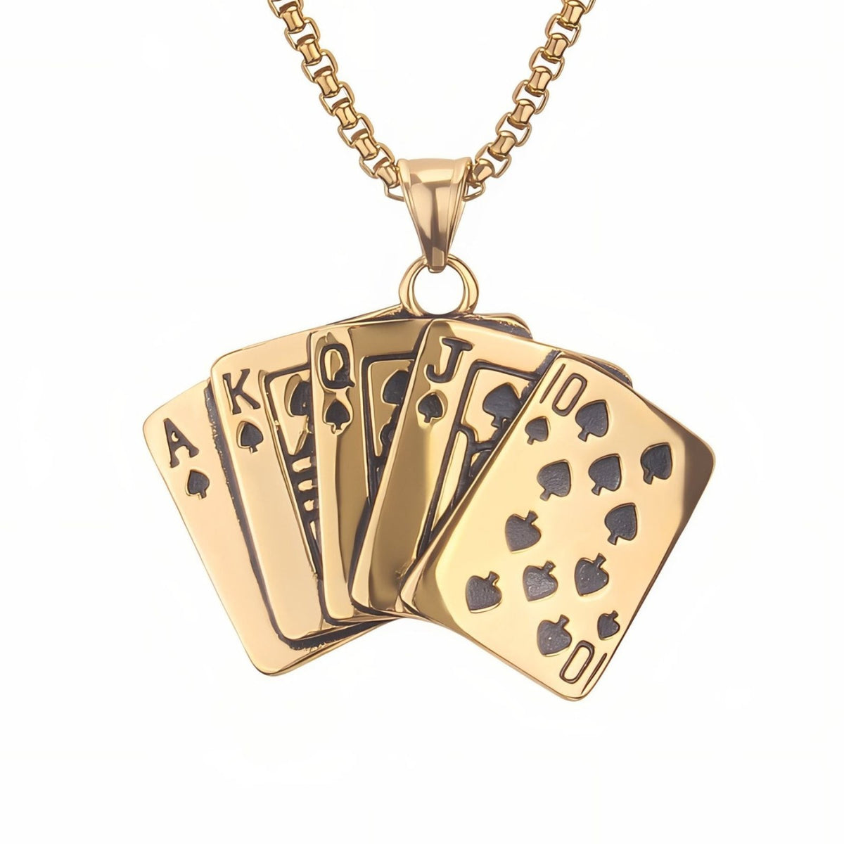 Collier pendentif quinte flush royale pour homme, en acier inoxydable, éventail de cartes de poker