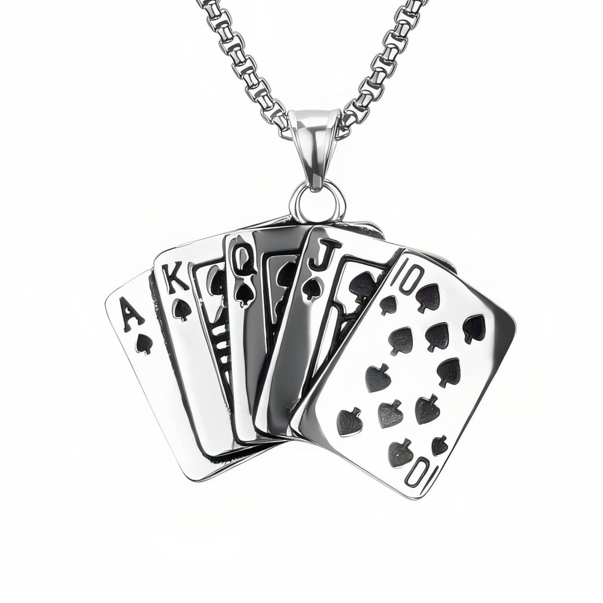 Collier pendentif quinte flush royale pour homme, en acier inoxydable, éventail de cartes de poker
