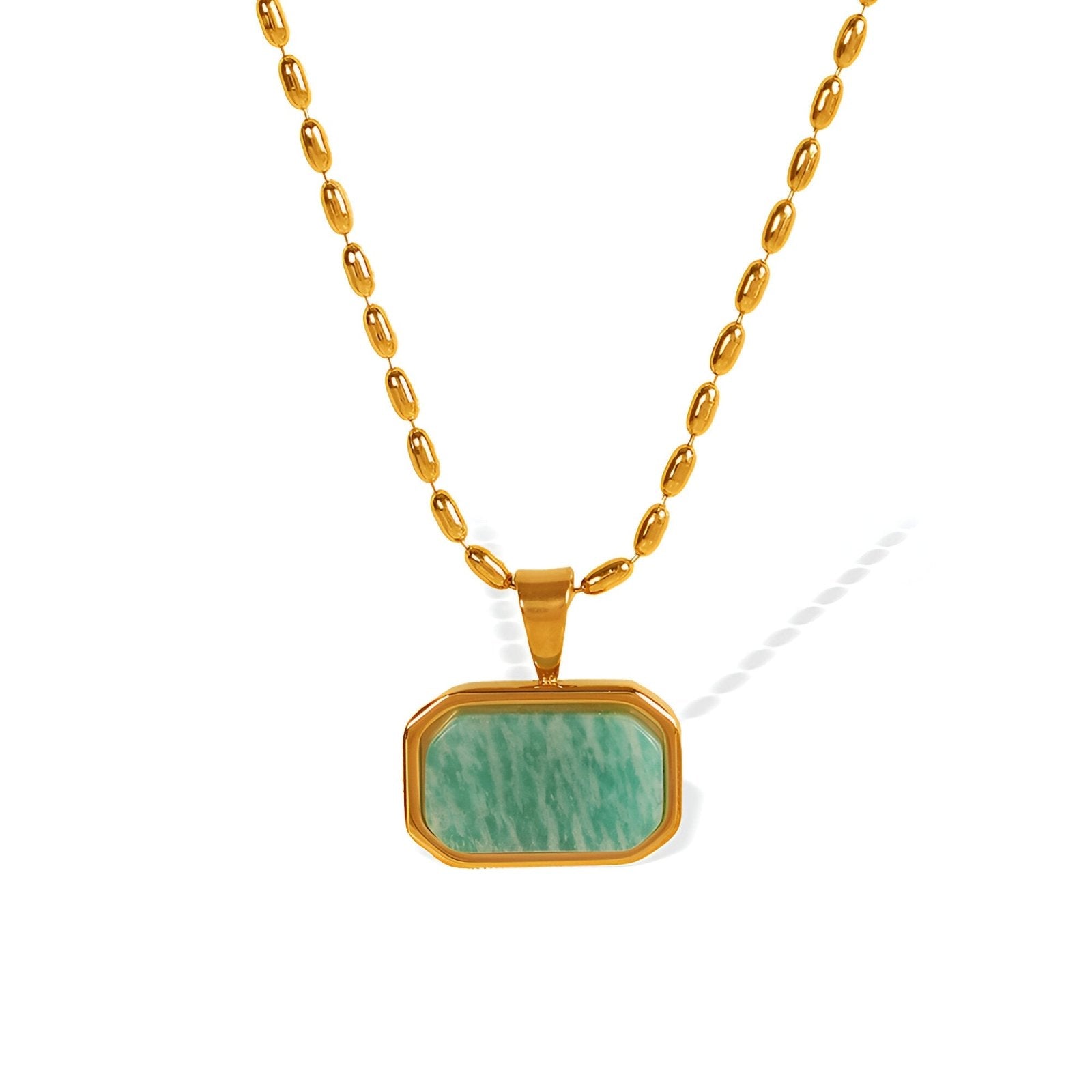 Collier pendentif rectangulaire en amazonite verte, chaîne grain de riz dorée pour femme, modèle Sofia