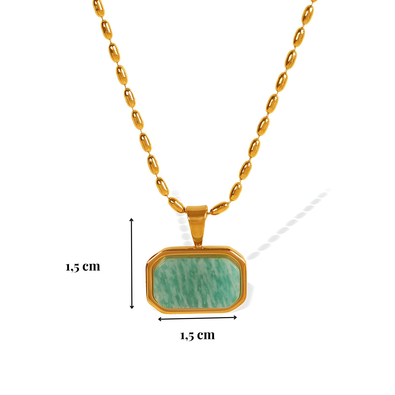 Collier pendentif rectangulaire en amazonite verte, chaîne grain de riz dorée pour femme, modèle Sofia