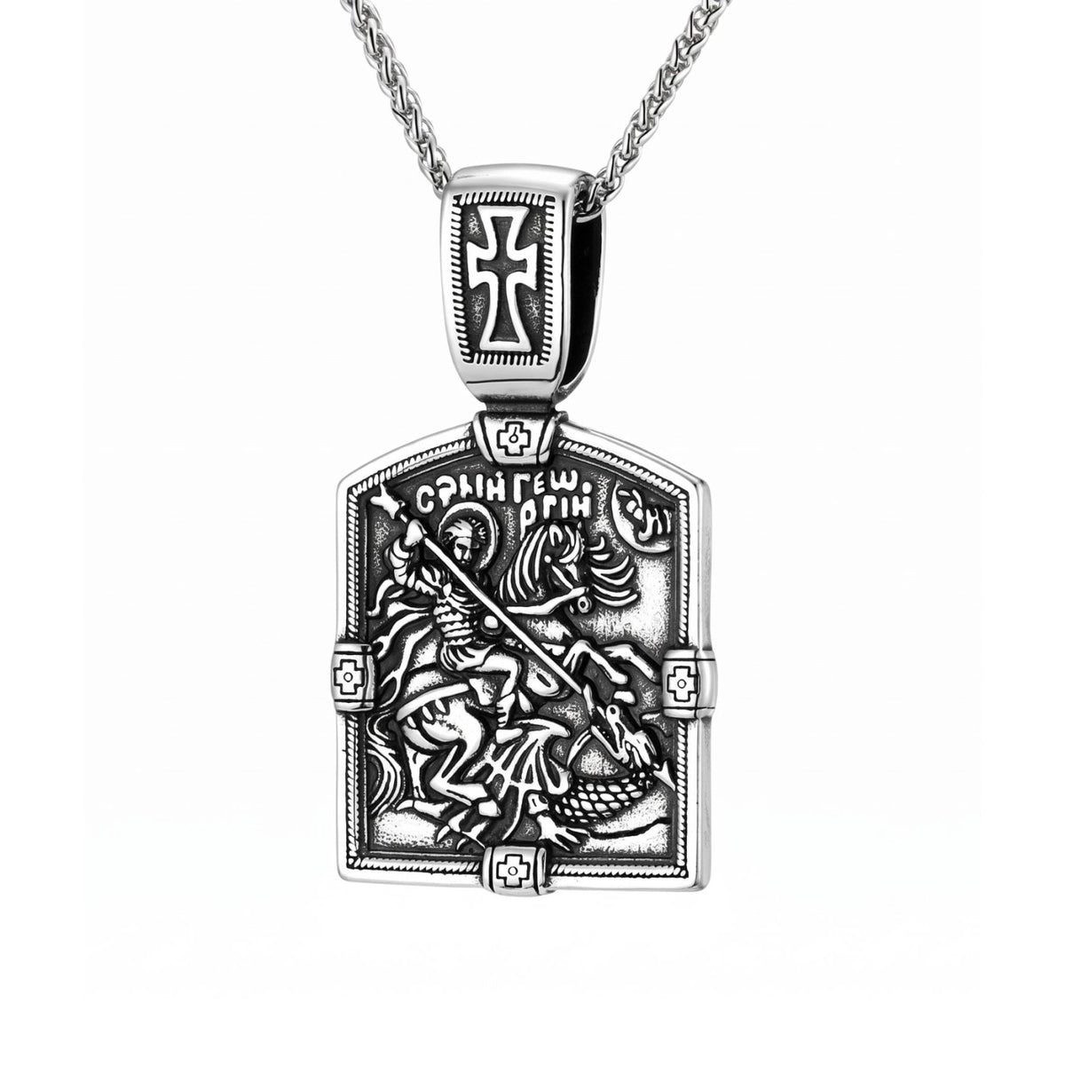 Collier pendentif religieux pour homme, en acier inoxydable, design médiéval avec Saint Georges et dragon