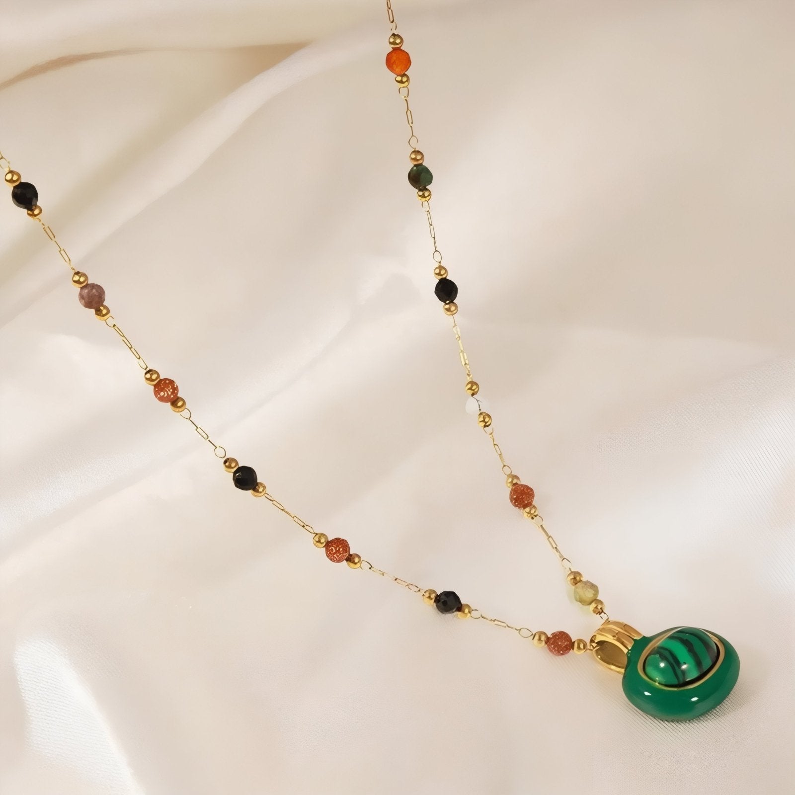 Collier pendentif rond malachite pour femme, avec pierres naturelles, en acier inoxydable