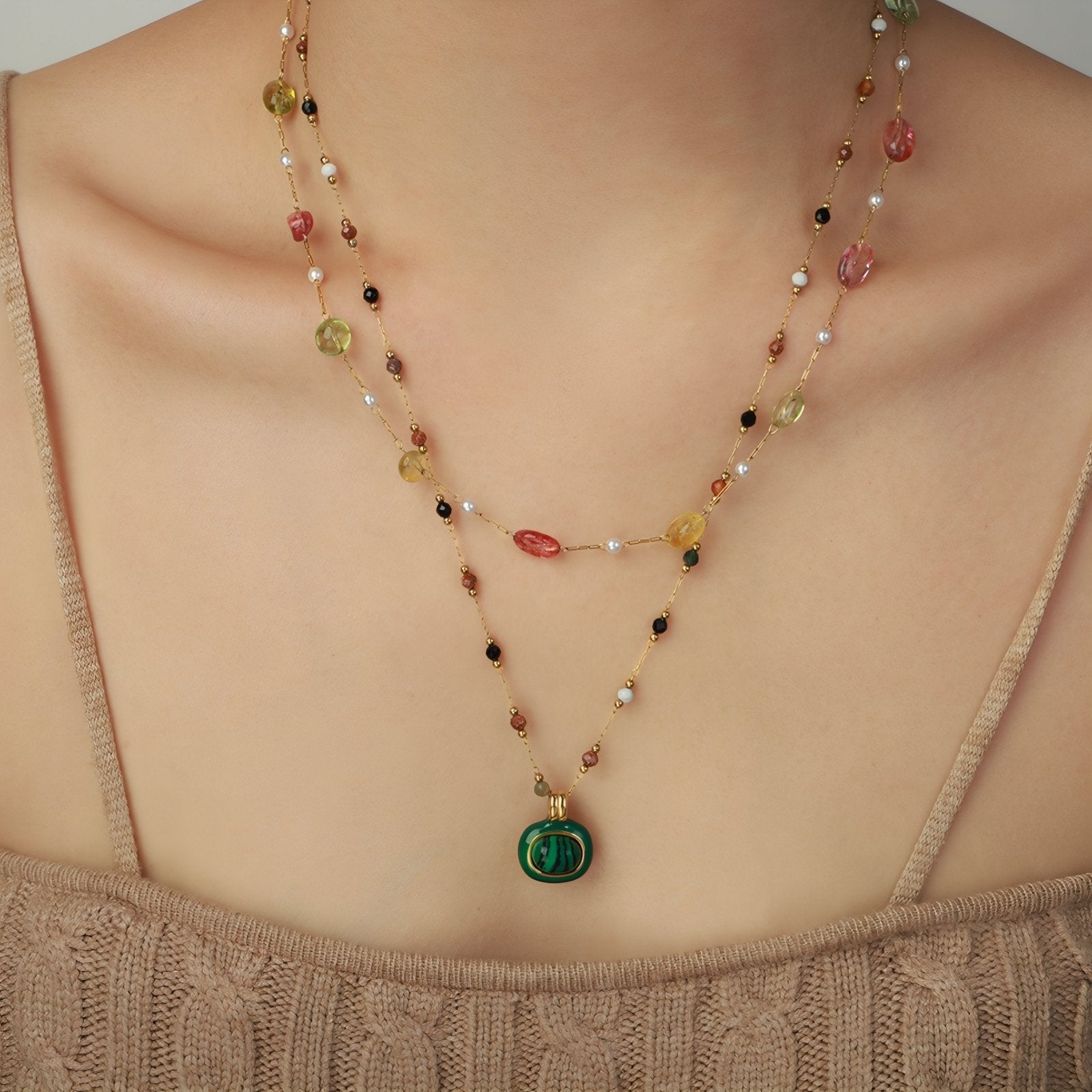 Collier pendentif rond malachite pour femme, avec pierres naturelles, en acier inoxydable